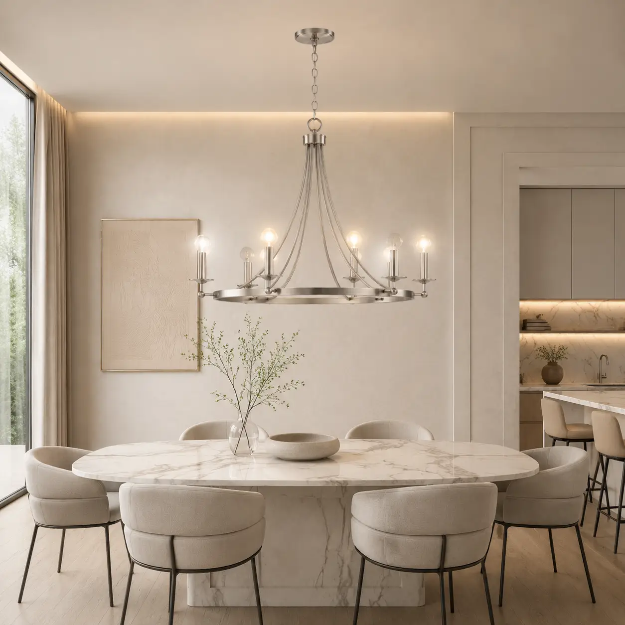 Aurora-Arc-6-Light-Pendant-in-Satin-Silver-Nickel-with-Tray-Accents-minimalist-dining Aurora-Arc-6-Light-Pendant-in-Satin-Silver-Nickel-with-Tray-Accents-minimalist-dining