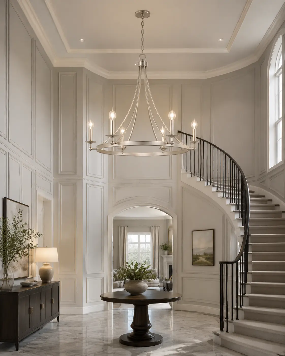 Aurora-Arc-6-Light-Pendant-in-Satin-Silver-Nickel-with-Tray-Accents-transitional-entry Aurora-Arc-6-Light-Pendant-in-Satin-Silver-Nickel-with-Tray-Accents-transitional-entry