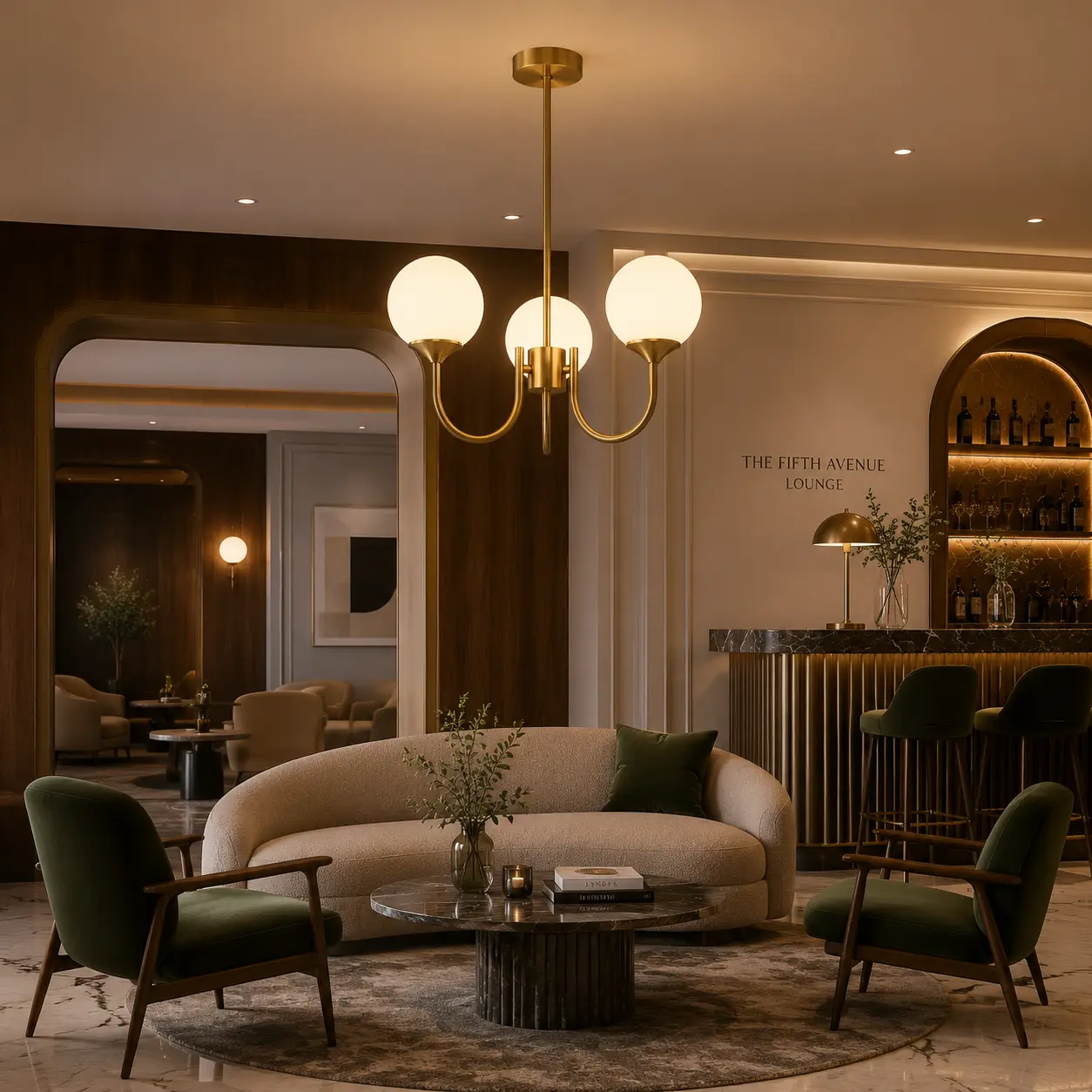AurumArc 3-Light Pendant in Mid-Century Modern Hotel Lounge
