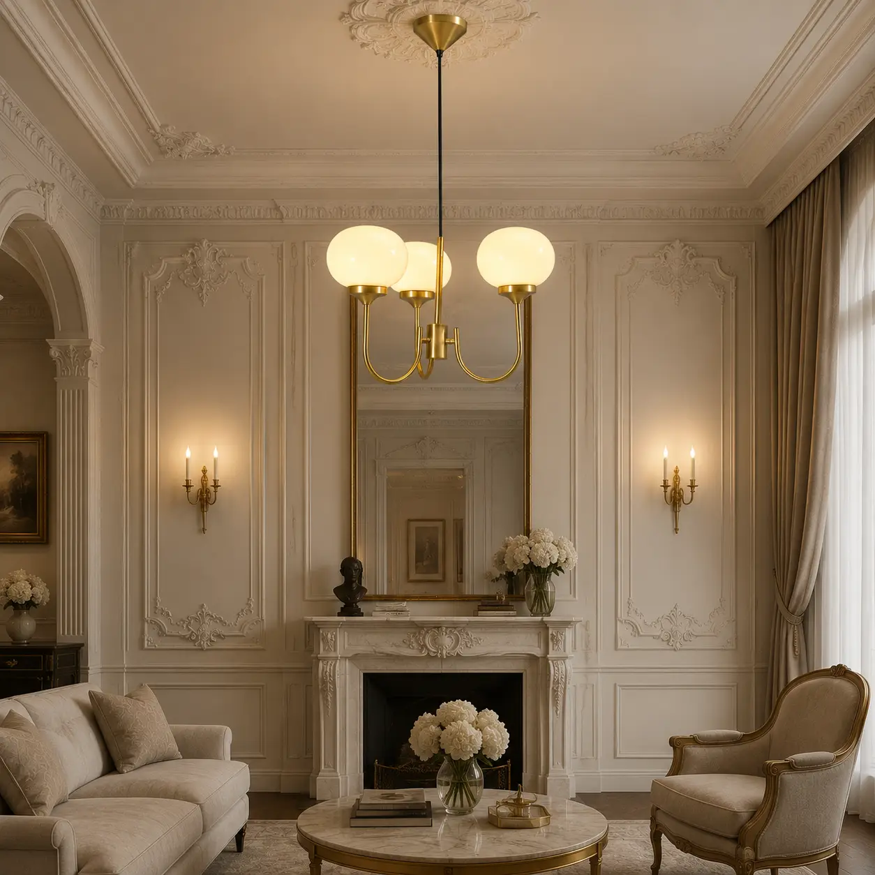 AurumArc Trio Pendant in Neoclassical French Chic Interior