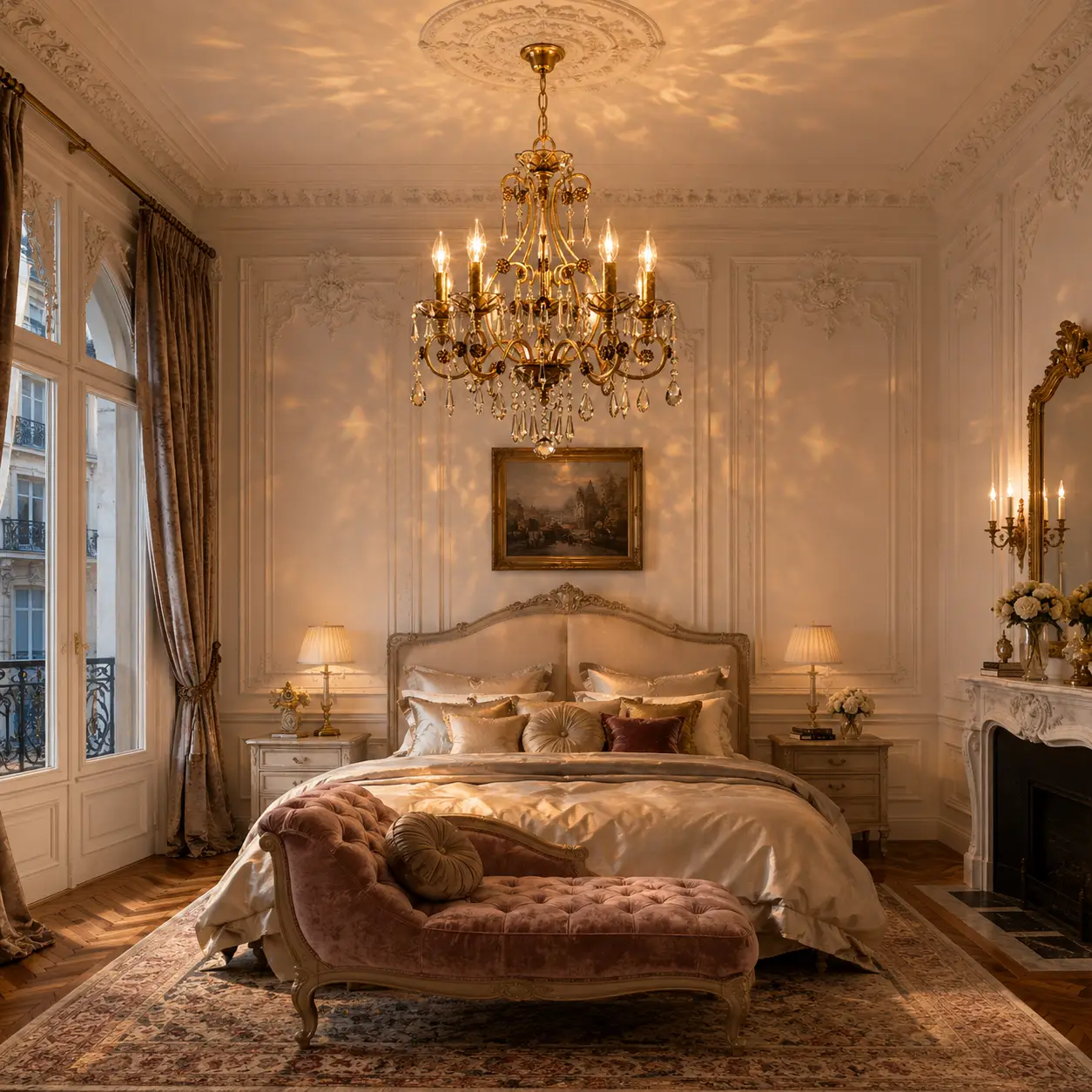 3D Render Suggestion: A luxury Parisian master bedroom salon with tall, ornate white boiserie wall paneling, herringbone parquetry wood floors, and a soft velvet upholstered chaise lounge. Centered over the high bed frame is the 5-Light Baroque Cognac Crystal Chandelier. The 3D render highlights the warm, dramatic amber-cognac light patterns filtering through the K9 crystal pendants, introducing a romantic, glowing contrast to the crisp, cool white architectural plaster lines.