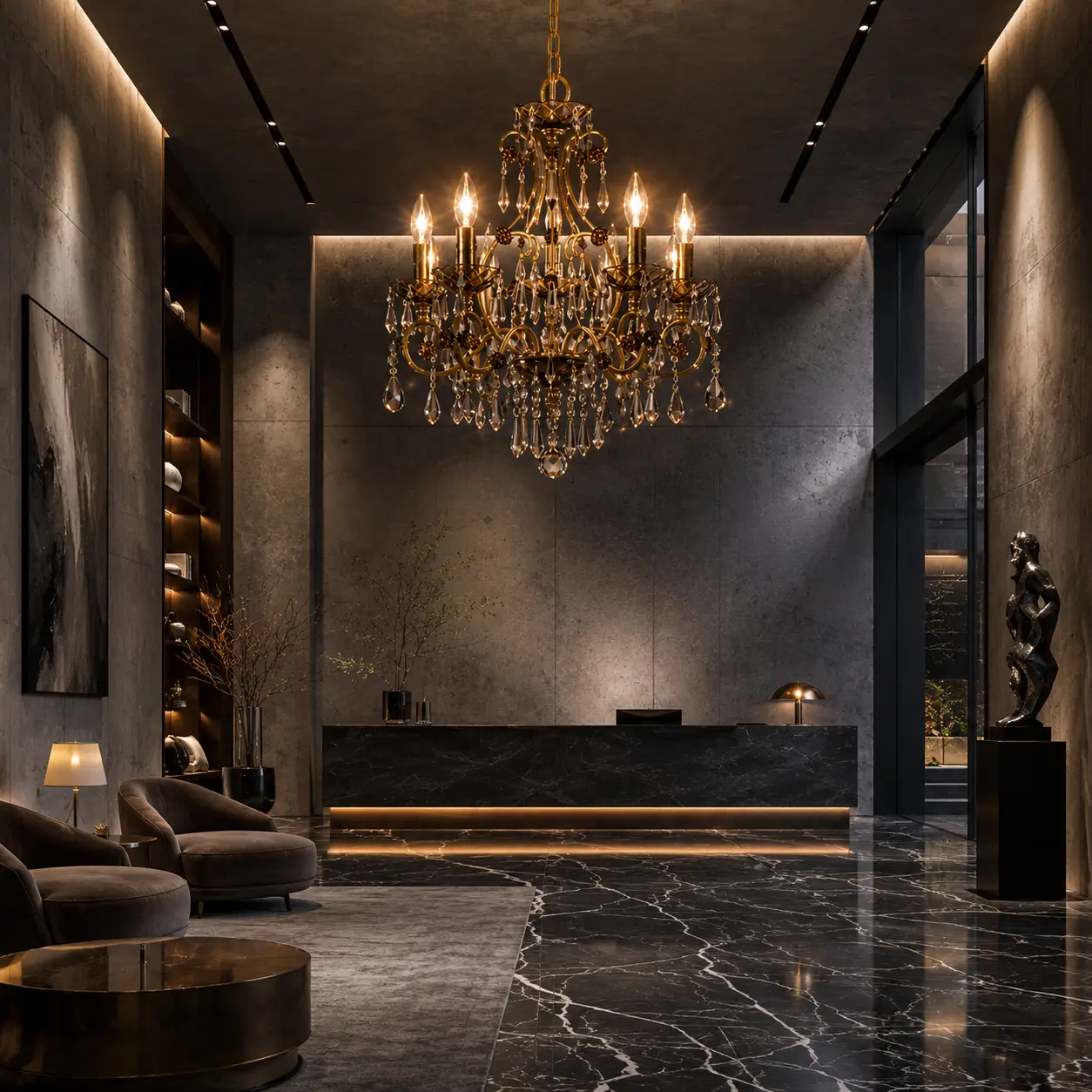 3D Render Suggestion: An ultra-modern hospitality reception lounge or luxury showroom with sleek charcoal-grey concrete walls, large seamless dark marble flooring with white dramatic veining, and crisp, clean linear geometry. Suspended as a bold, eclectic jewel is the Baroque Cognac 5-Light Chandelier. The 3D render highlights the deliberate stylistic clash, where the organic baroque lines and warm cognac crystals break up the cold minimalist stone surfaces.