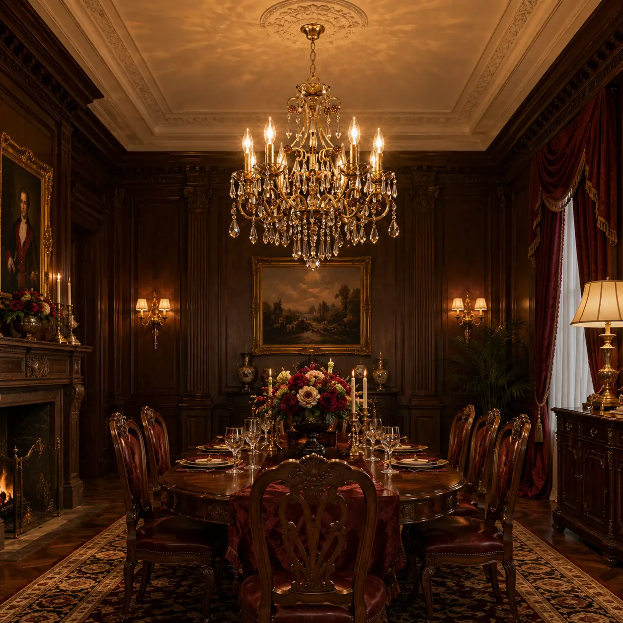 3D Render Suggestion: A refined neoclassical estate dining hall with dark mahogany wainscoting, a heavy oak dining table, and deep crimson drapes. Hanging perfectly in the center of the room is the Baroque Cognac Chandelier. The 3D render accentuates the luxurious color harmony, showing how the cognac crystal drops tie into the warm wood undertones while the crystal facets bring vital shimmer into a dark, stately room.