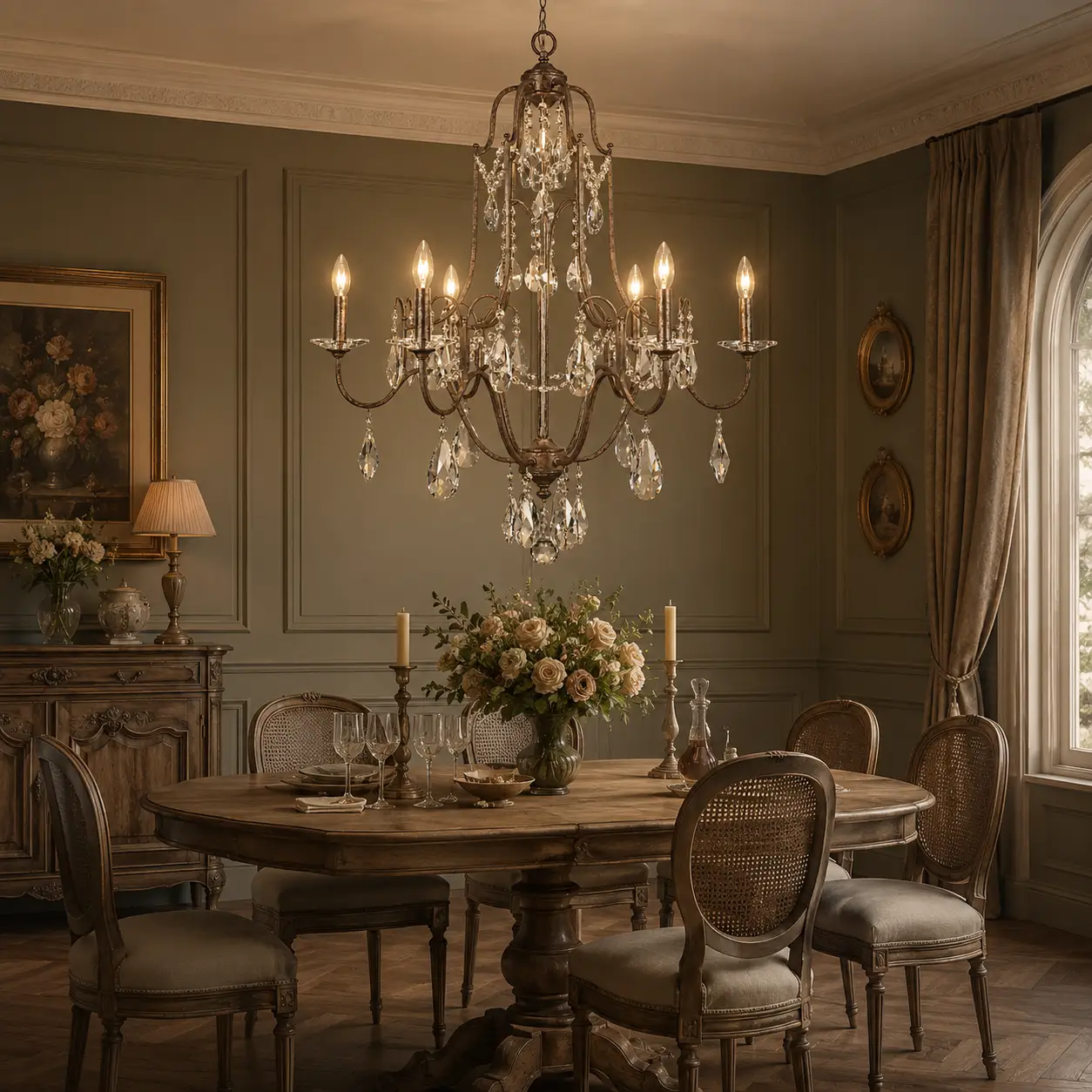 3D Render Suggestion: An elegant Vintage French Chic dining room with muted olive or warm taupe wainscoted walls, herringbone wood flooring, and a rustic refined oak dining table. The Belle Epoque 6-Light Chandelier hangs centered at a classical intimate dining height. The render demonstrates how the rich deep tones of the Vintage Champagne Bronze framework provide a stunning visual anchor, grounding the space while the precision-cut K9 crystal drops soften the historic lines with brilliant ambient light play.