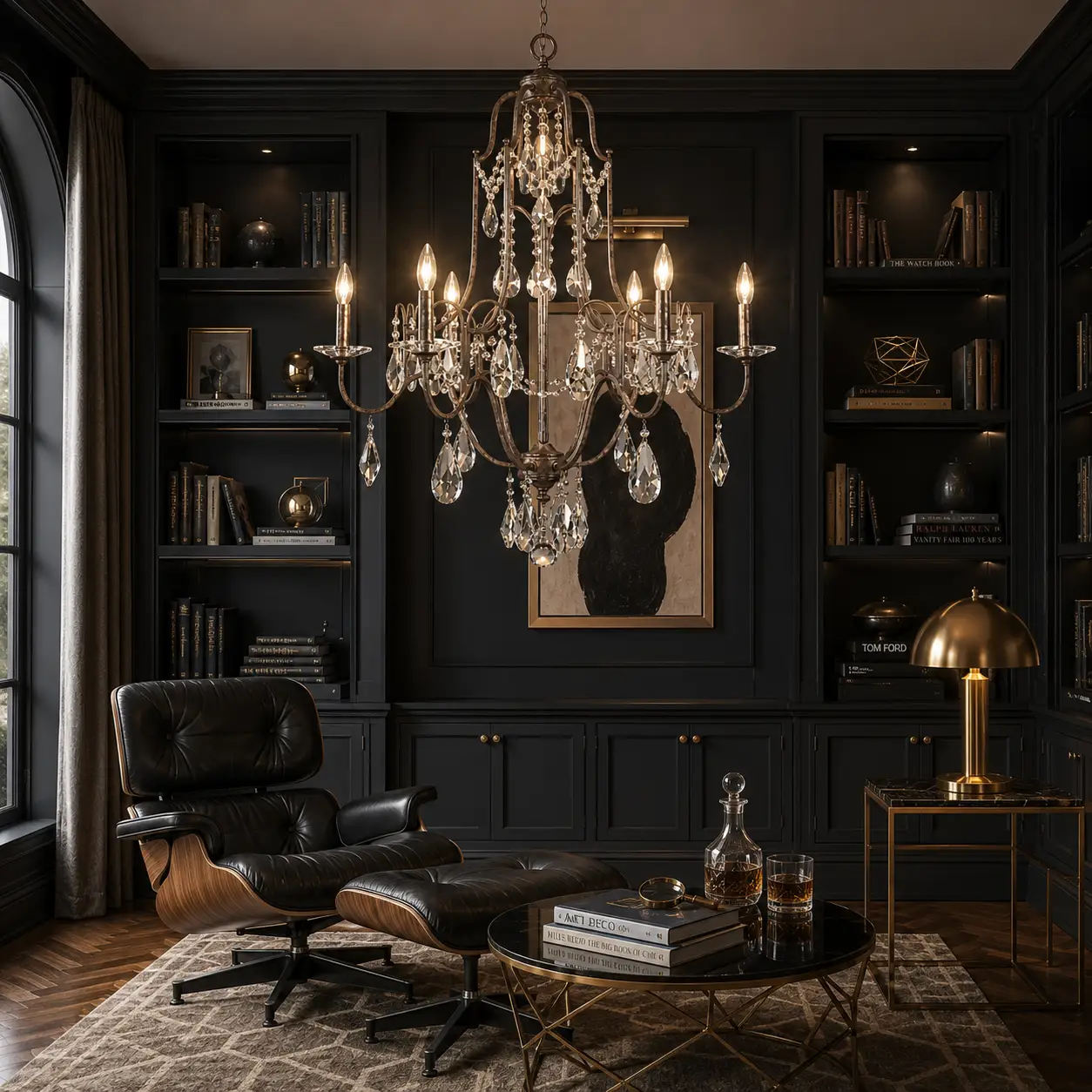 3D Render Suggestion: A moody, sophisticated Modern Eclectic library or private study with deep charcoal or matte black built-in bookshelves, a mid-century modern leather lounge chair, and geometric metal accents. The Belle Epoque chandelier hangs over the seating area. The render shows how the high-contrast light play from the clear acrylic saucers and K9 crystals injects high-end luxury into sharp, dark modern configurations.