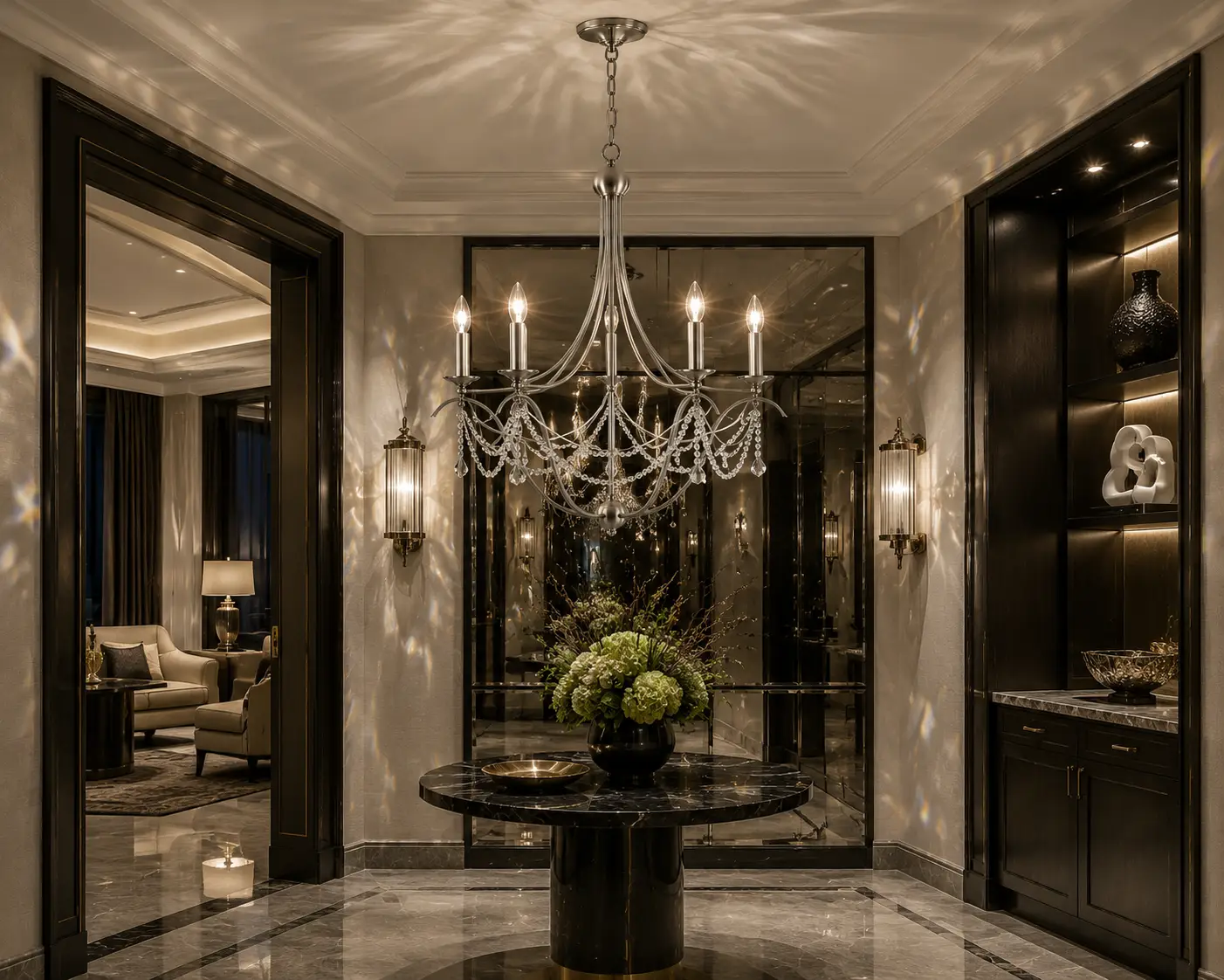 Belle-Epoque-Brushed-Nickel-Crystal-5-Light-Chandelier-luxury-entryway