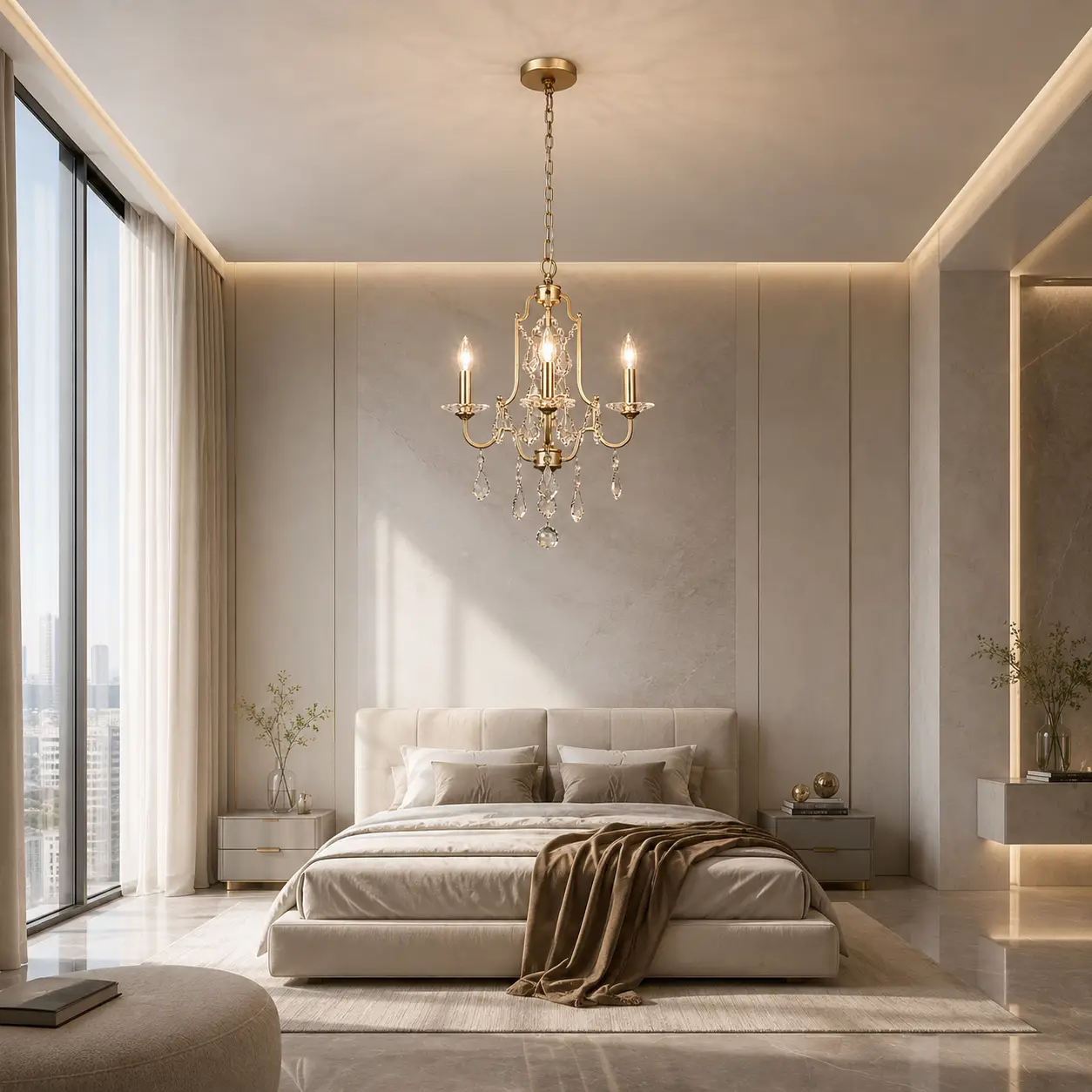 3D Architectural Render of the Celeste Chandelier in Champagne Gold installed over a luxury king bed in a minimalist high-end penthouse bedroom with floor-to-ceiling windows
