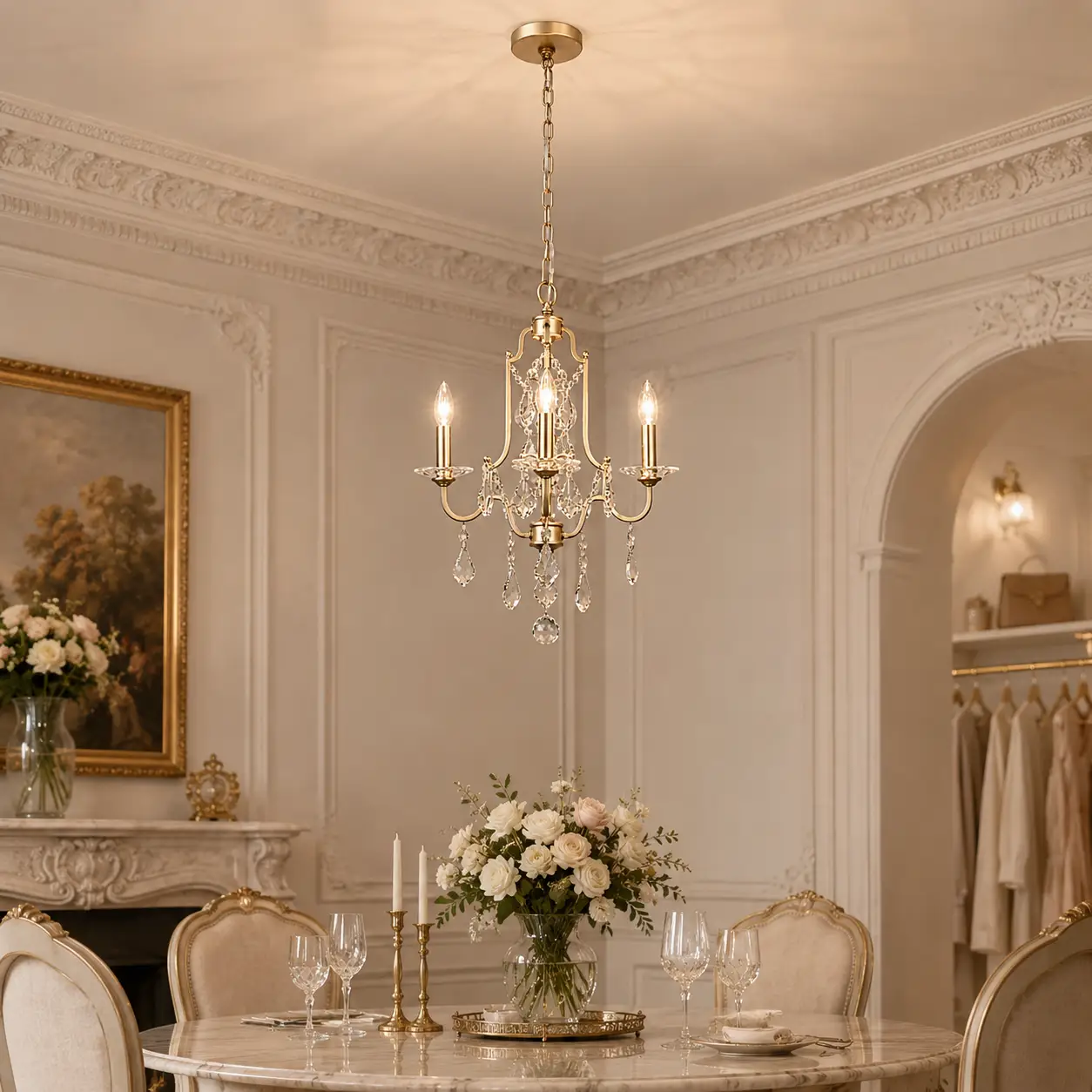 3D Space Concept showcasing the Celeste 4-Light Crystal Chandelier in Champagne Gold finish hanging in an elegant French Light Luxury living room with ornate crown moldings and cream-colored plaster panels