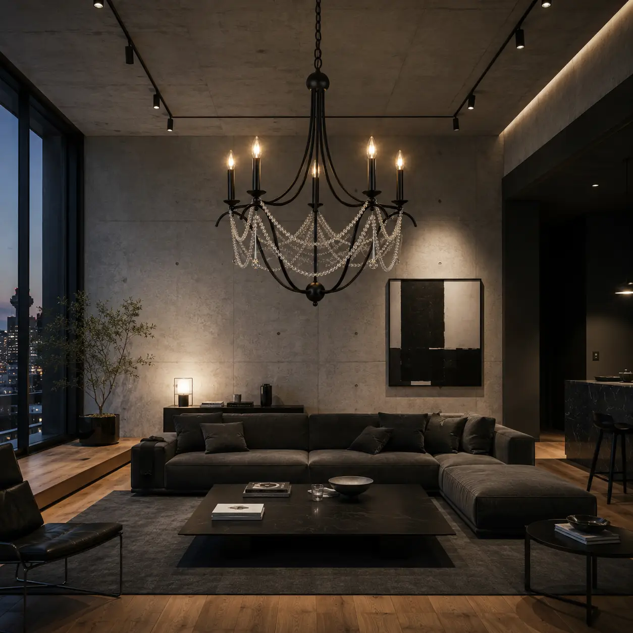 3D Render Suggestion: A high-end modern minimalist living room or urban loft featuring raw concrete walls, warm oak plank flooring, and black architectural track lighting. The Celeste 5-Light Crystal Chain Chandelier in Matte Black hangs over a low-profile charcoal fabric sofa system, demonstrating how the dark matte framing echoes industrial structural lines while the precision K9 crystals soften the raw environment with brilliant luxury refraction.