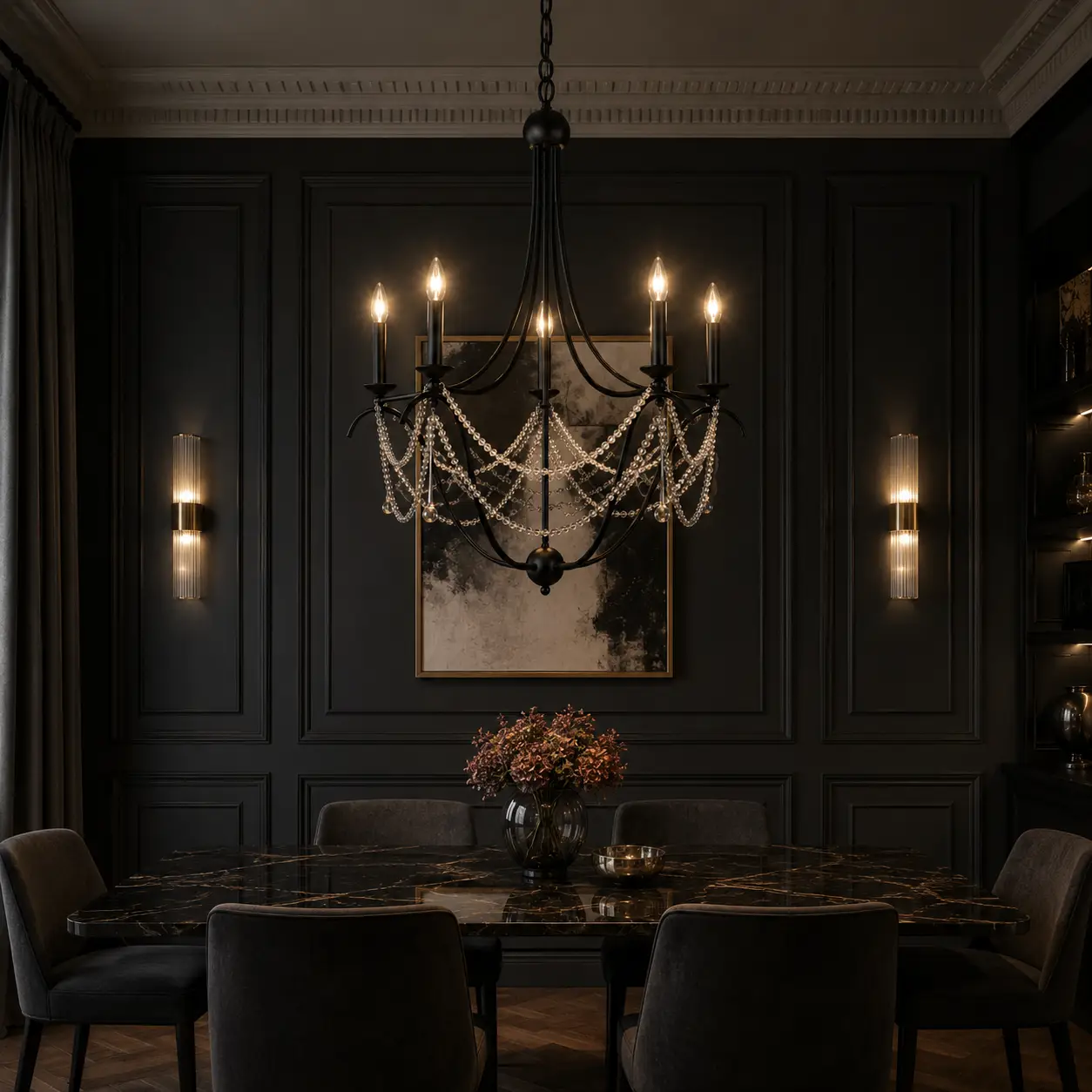 3D Render Suggestion: A moody neoclassical dining room with dark charcoal wall paneling and a dark marble dining table. The matte black crystal chain chandelier is centered overhead, creating a dramatic focal point where the black metal frame seamlessly layers into the background wall colors while the glowing crystals provide maximum contrast.