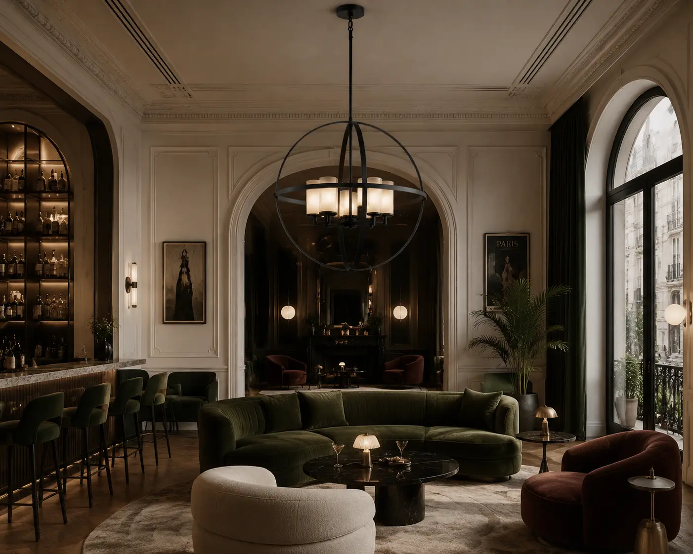 Celestia Sphere Pendant in Mid-Century Neoclassical Hospitality Lounge