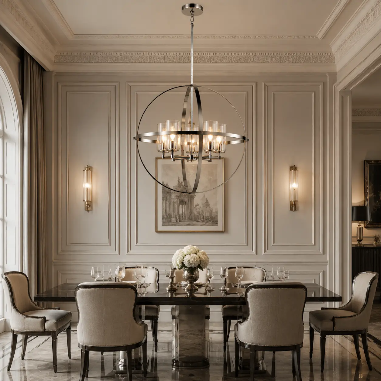 Celestia Sphere Pendant in Neoclassical Dining Area