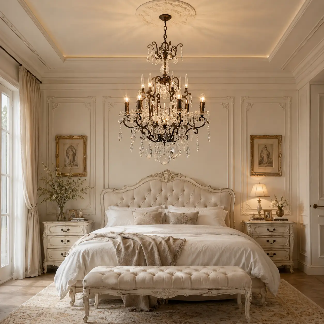 3D Render Suggestion: A romantic French Chic master bedroom featuring light cream boiserie walls, a distressed white tufted king bed, and soft linen textiles. Hanging centered above the bed is the Chateau 6-Light Vintage Bronze Chandelier. The 3D render clearly communicates how the deep vintage bronze finish establishes a grounded contrast against the light pastoral wall panels, while the K9 crystals add an elegant glow to the ceiling plane without overwhelming the room's compact height.