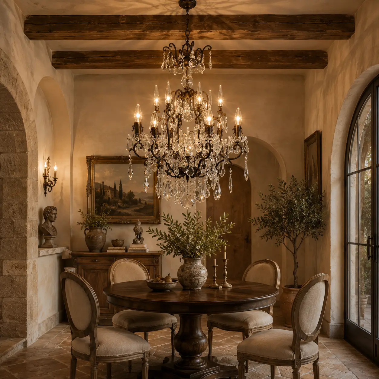 3D Render Suggestion: An intimate Neoclassical or Tuscan rustic dining nook with exposed timber ceiling beams, a round dark walnut table, and natural stone flooring. The Chateau 6-Light chandelier hangs elegantly in the center. The render shows the rich harmony between the deep bronze patina of the scroll arms and the organic textures of wood and stone, elevated by the bright sparkles from the clear acrylic column and premium crystal strands.