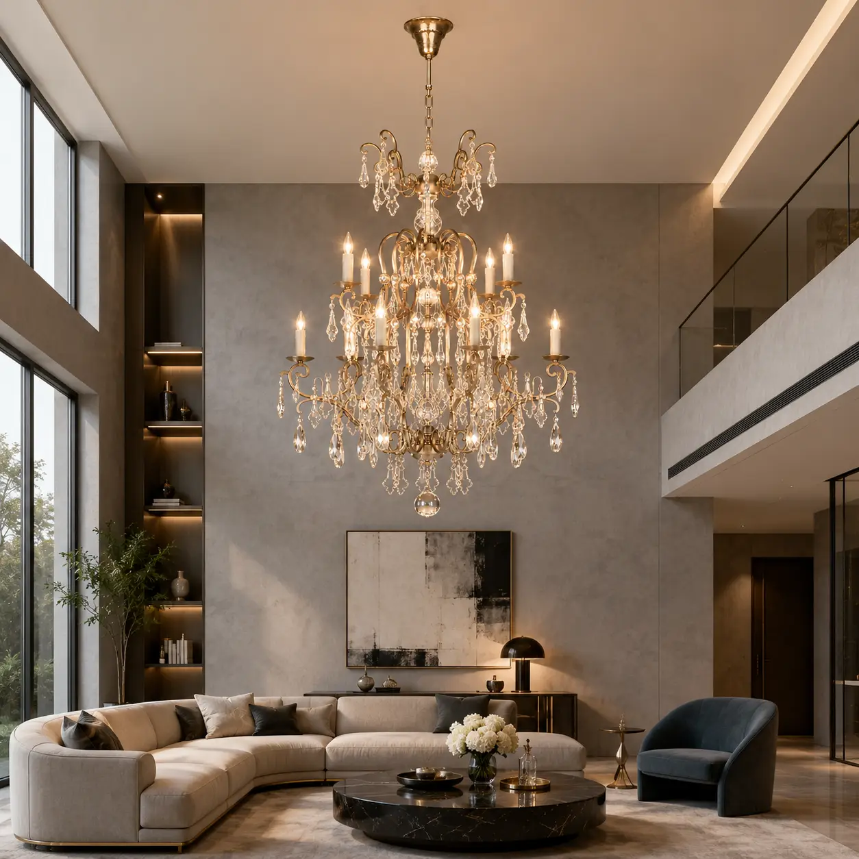 3D interior layout featuring a contemporary high-ceiling living space with sleek dark stone feature walls and minimalist furniture, juxtaposed with a brilliant traditional crystal chandelier