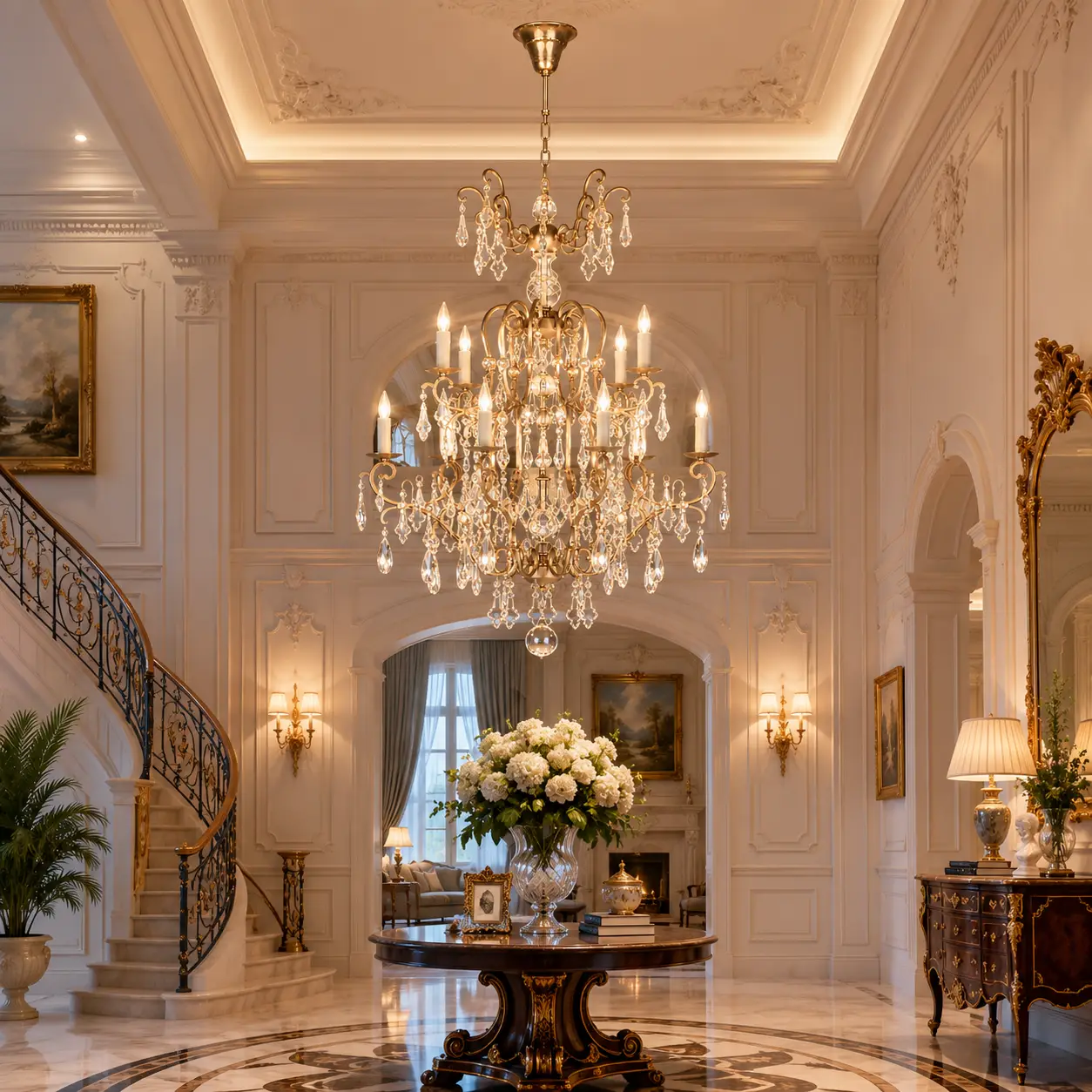 3D architectural visualization of The Chateau Brilliance Chandelier suspended in a Neoclassical grand foyer with ornate plaster wall paneling, sweeping double staircases, and light French luxury interior styling
