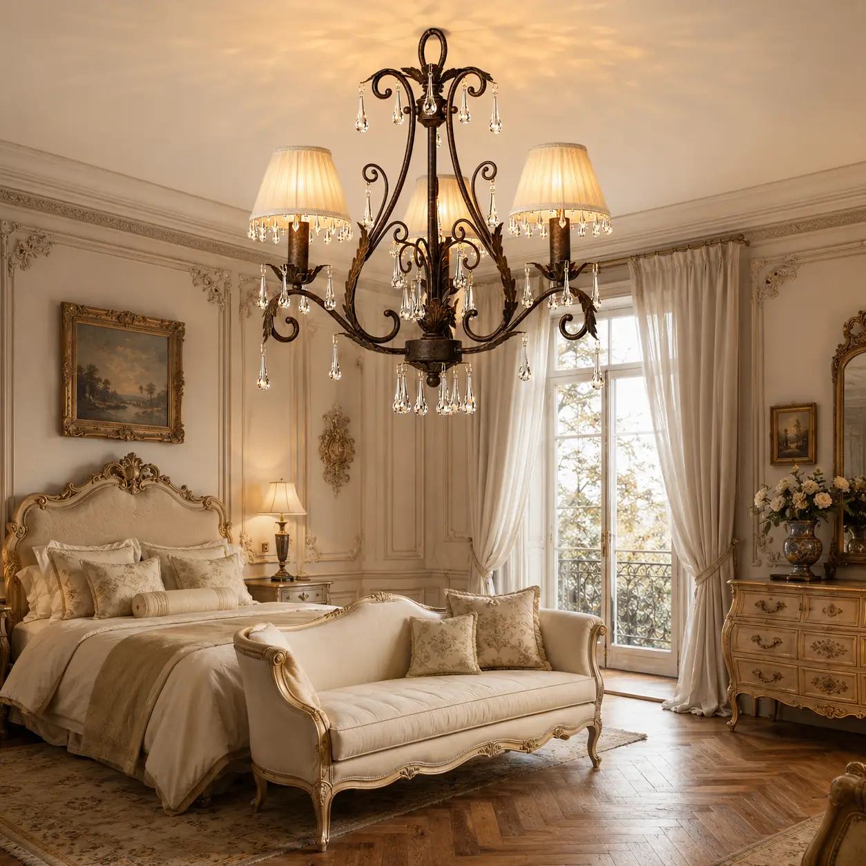 3D Render Suggestion: A luxurious French Chateaux style master suite or an elegant dining alcove featuring herringbone parquet floors, soft cream wall paneling, and delicate linen curtains. Hanging centrally is the Classic Elegance 3-Light Chandelier. The 3D render illustrates how the warm antique bronze framework and sculptured metal leaves ground the soft room textures, while the premium silk shades filter a romantic amber glow and the K9 crystal fringes along the shades' bottom edges cast brilliant patterns across the space.