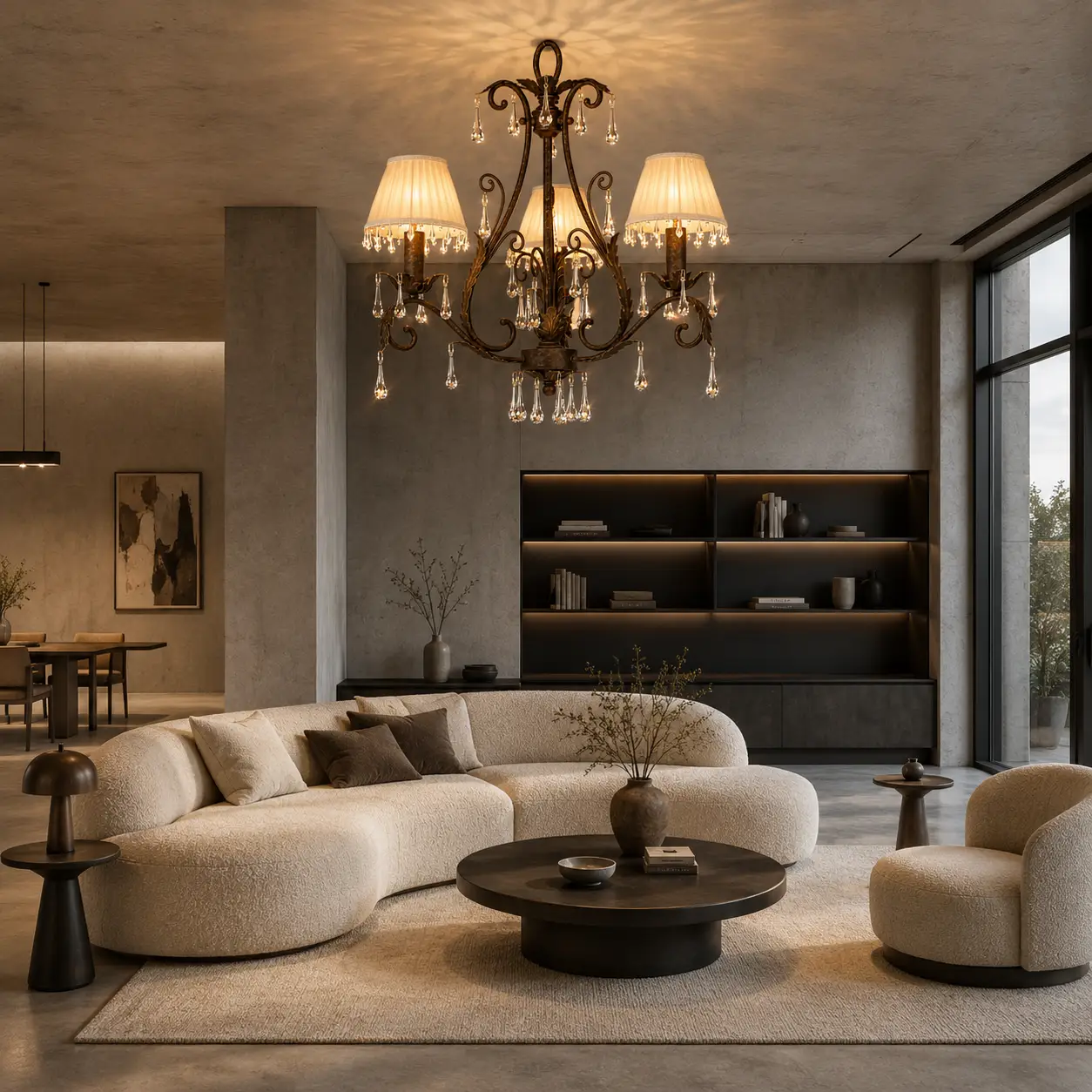 3D Render Suggestion: A modern minimalist open-plan living lounge with concrete effect walls, a large boucle cream sofa, and linear matte-black built-in shelving. Suspended perfectly overhead is the Classic Elegance Chandelier. The 3D render emphasizes how the traditional antique bronze arms, soft silk shades, and crisp K9 crystal fringes create a stunning artistic contrast against the contemporary room lines.
