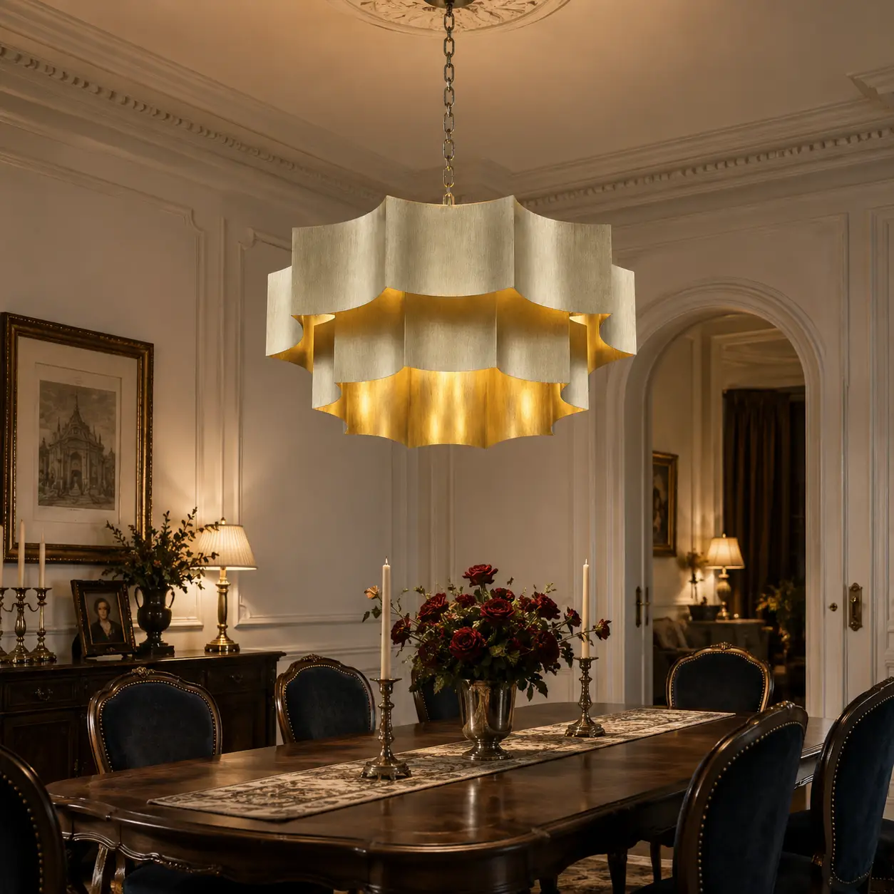 3D Architectural Render of Elvara Tiered Crimped Silver Patina Chandelier suspended over an elegant dark wood dining table in a French Light Luxury room with detailed white wall panel moldings