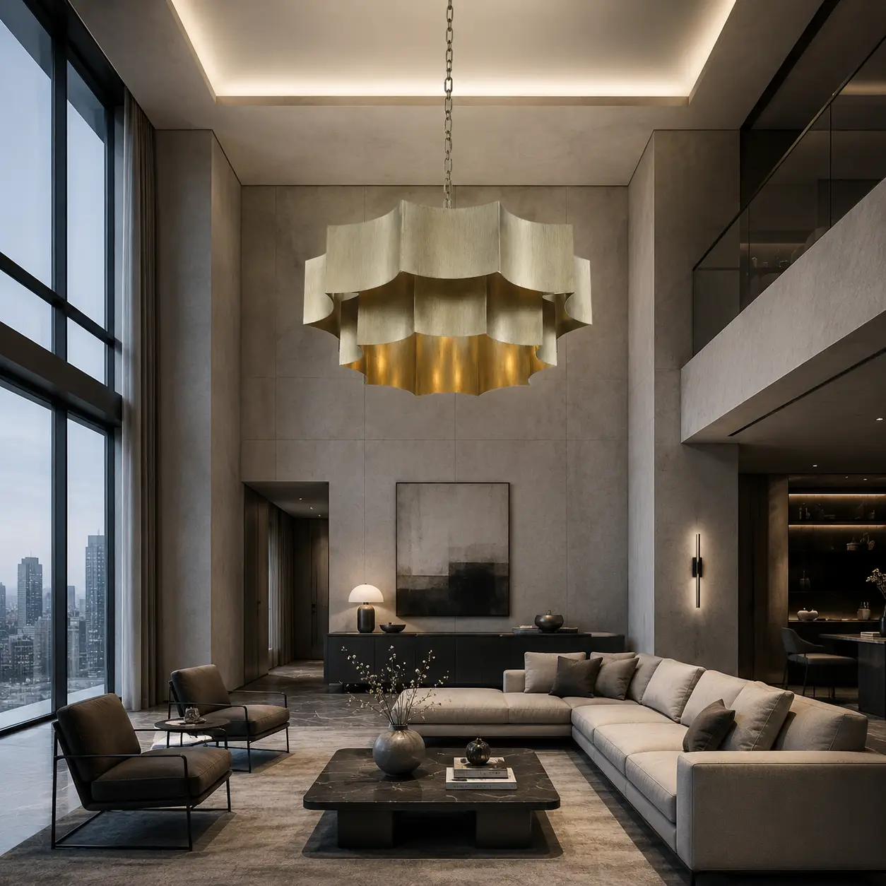 3D Space Concept showcasing the Elvara Tiered Pendant Chandelier in Custom Crimped Silver Patina finish hanging in a high-ceiling Modern Luxury Living Room with minimalist grey micro-cement walls and cold steel framing