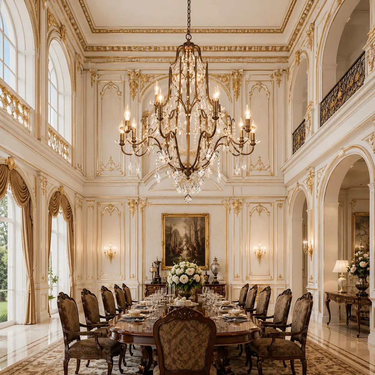 3D Render Suggestion: A grand grand salon with double-height ceilings (6+ meters), featuring classical French white boiserie wood paneling, intricate gold leaf trim carvings, and arched palatial windows. In the center, the Florencia 12-Light Two-Tier Chandelier is suspended over a luxury mahogany dining table. The 3D render illustrates how the staggered two-tier light arms beautifully scale with the massive vertical void, filling the empty upper airspace while reflecting rich light from the K9 crystals.