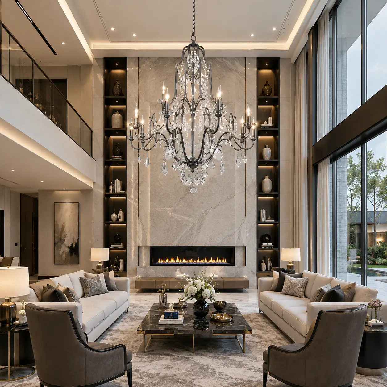 3D Render Suggestion: A modern luxury great room with 5-meter ceilings, large quartz stone fireplace accent walls, and floor-to-ceiling glass windows. The Florencia two-tier chandelier is centered in the open living space. The render shows how finishing the multi-tiered framework in a custom Polished Chrome or Sleek Graphite finish updates the traditional silhouette into a transitional masterpiece suitable for high-end modern developments.