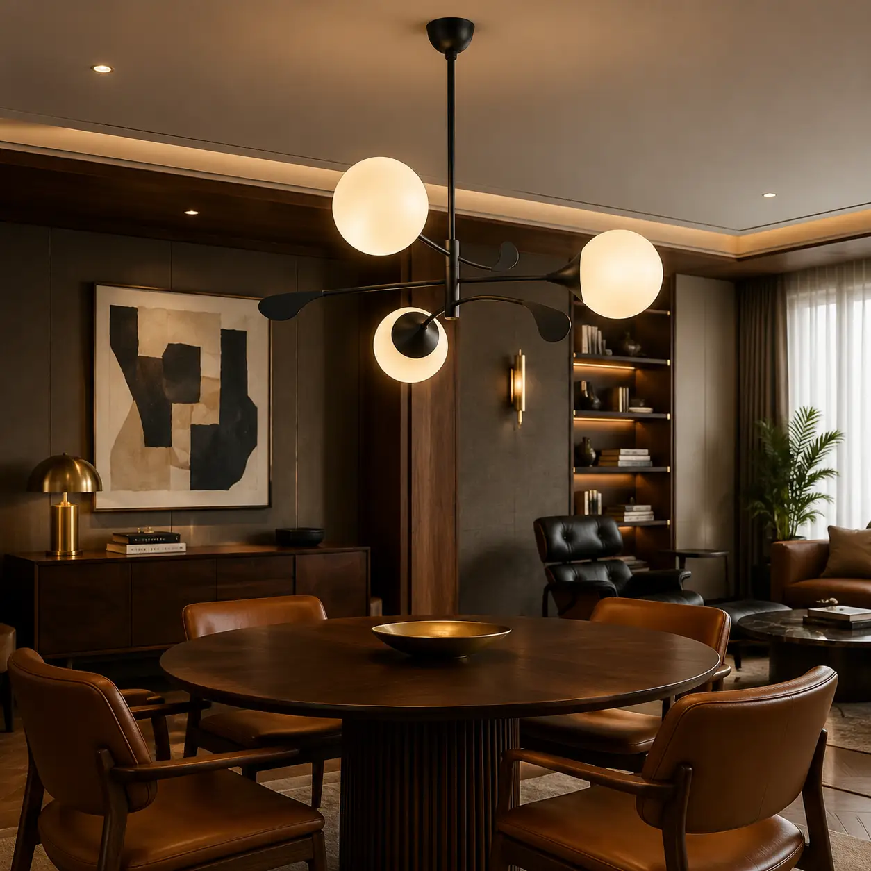 Florentis Noir Pendant in Mid-Century Modern Dining Scene
