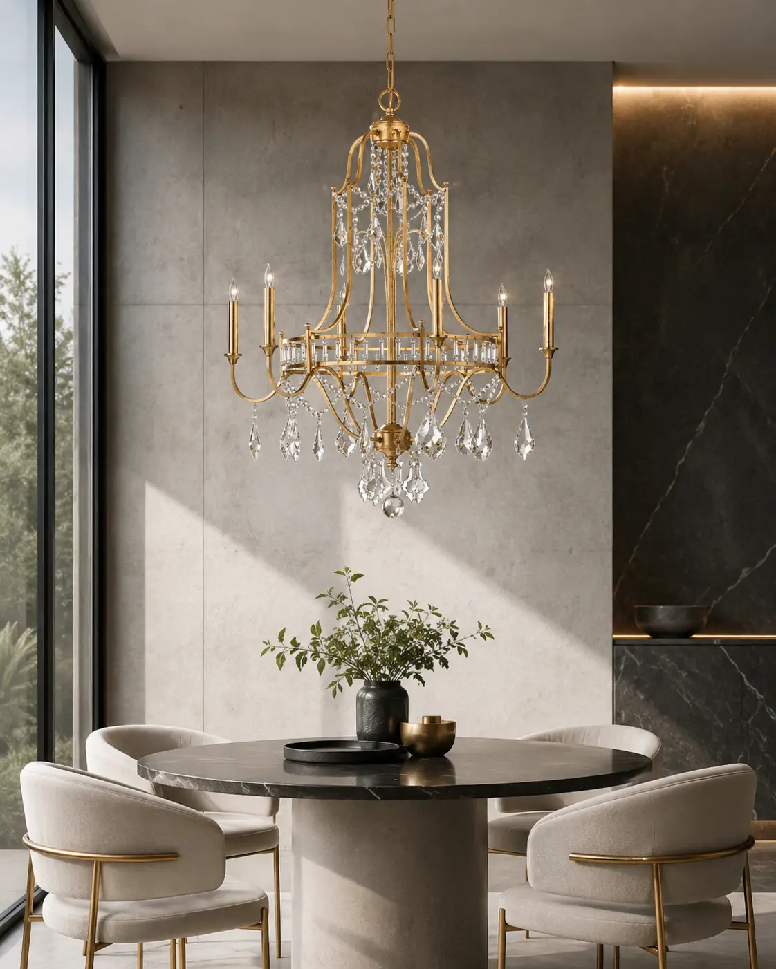 3D Architectural Render of the Gilded Radiance Chandelier installed over a minimalist dark oak dining table surrounded by floor-to-ceiling glass and micro-cement walls