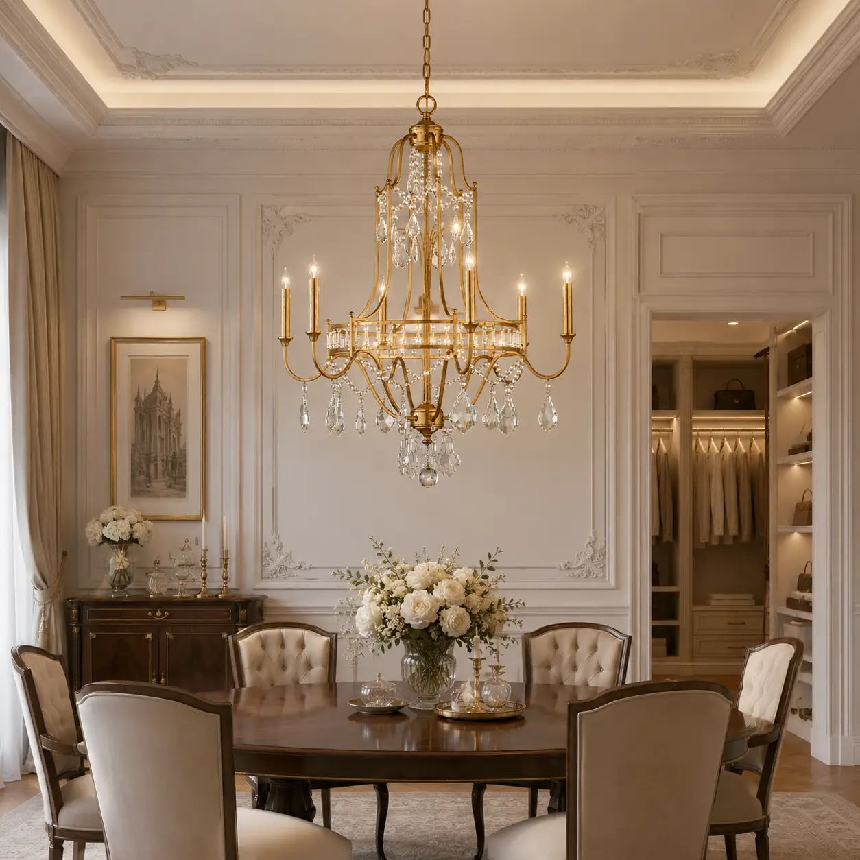 3D Space Concept showcasing the Gilded Radiance 6-Light Crystal Chandelier hanging in an intimate neoclassical dining room with soft grey wall paneling and gold leaf moldings