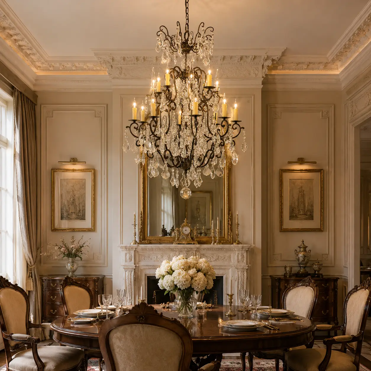 3D Render Suggestion: A double-height grand salon featuring Neoclassical wall moldings, herringbone parquet flooring, and muted neutral tones. The 2-Tier Grand Belle Époque Chandelier is suspended centrally, showcasing its monumental scale against detailed plasterwork.