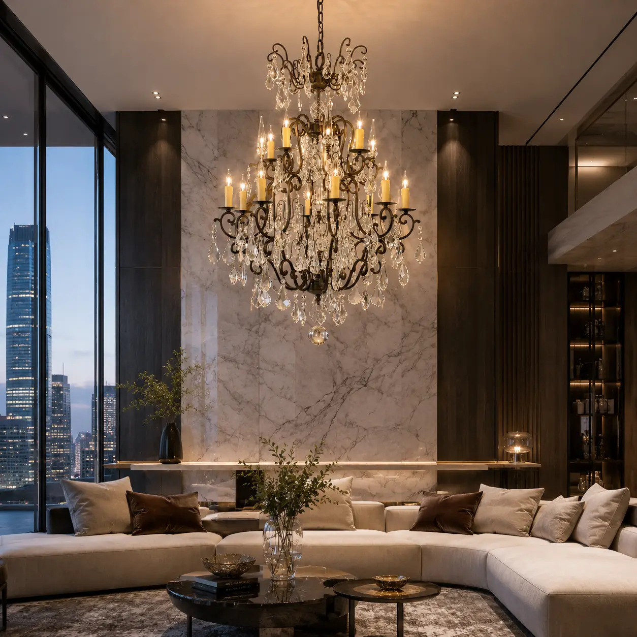 3D Render Suggestion: A modern minimalist luxury penthouse with floor-to-ceiling glass windows overlooking a cityscape at dusk. The interior features a monolithic marble dining table. The crystal chandelier hangs above it, creating a brilliant, high-contrast focal point against sleek surfaces.