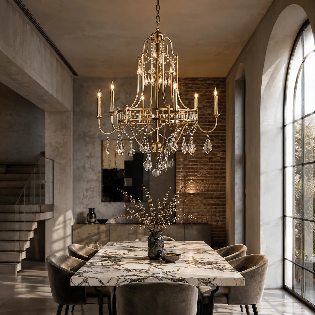 3D Architectural Render of the Heirloom Radiance Chandelier installed over a sleek minimalist dining setup featuring high open glass windows and smooth polished concrete walls