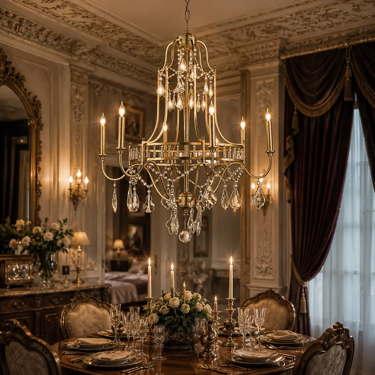 3D Space Concept showcasing the Heirloom Radiance 6-Light Crystal Chandelier hanging in an elegant French Light Luxury salon with detailed white wall boiserie panels and classic oak flooring