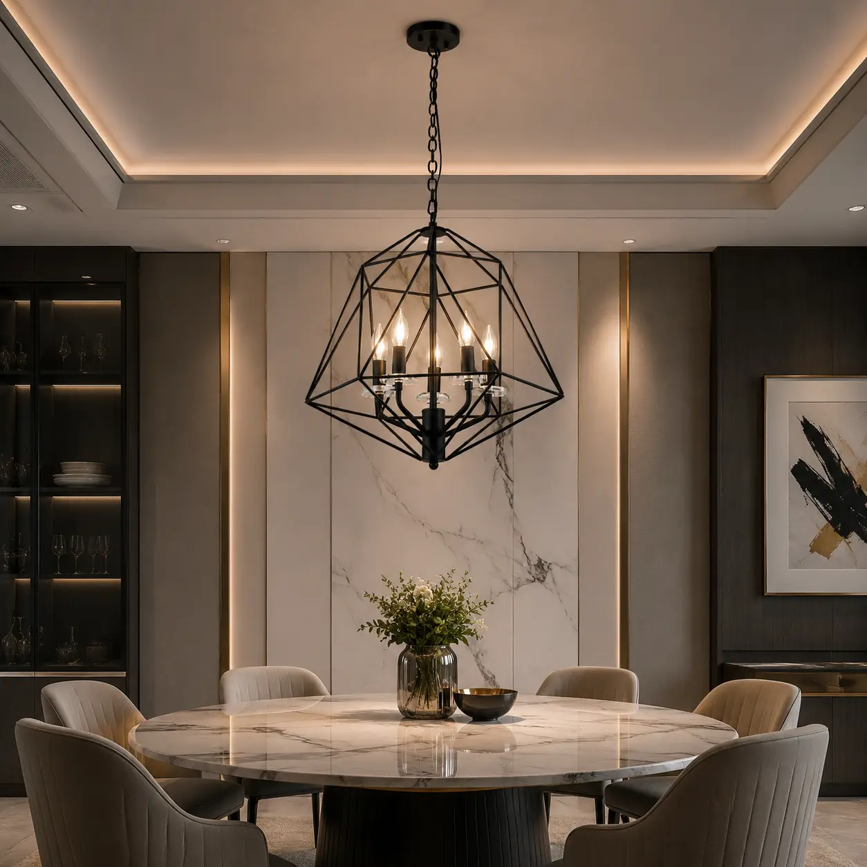 Ironveil Grande 5-Light Chandelier in Modern Luxury Dining Scene