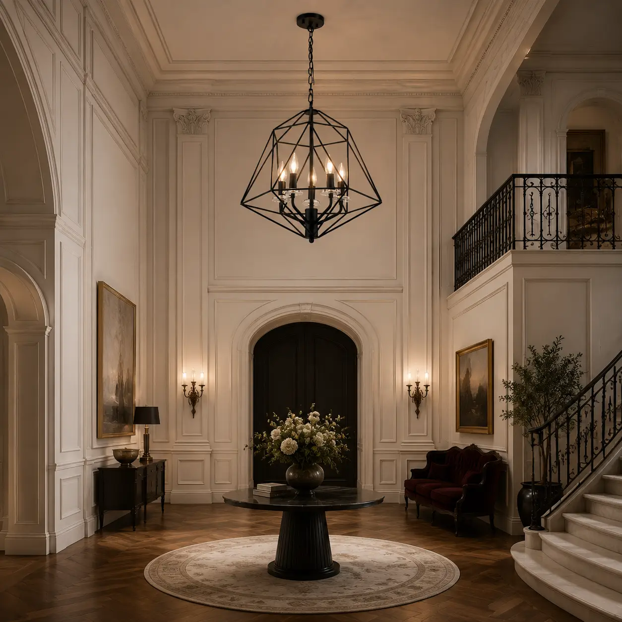 Ironveil Grande 5-Light Chandelier in Neoclassical French Chic Living Room