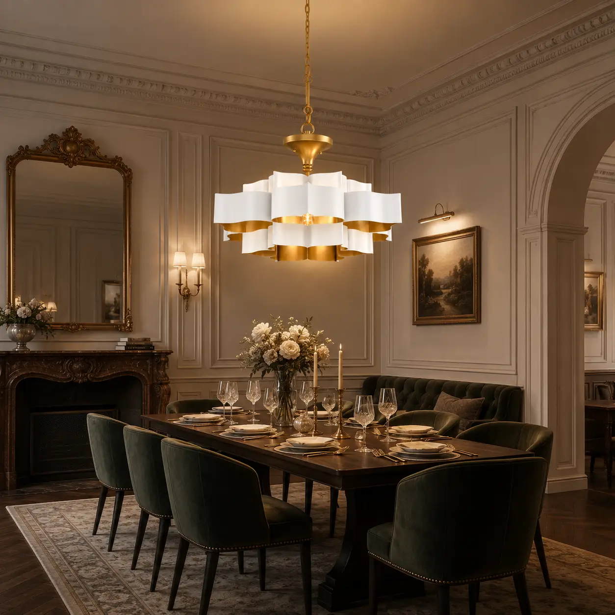 3D Architectural Visualization of Lotus Aura 3-Tier Chandelier in Matte White and Satin Gold Brass plating hanging over an intimate grand dining table in a classic French Light Luxury room with detailed wainscoting and crown moldings