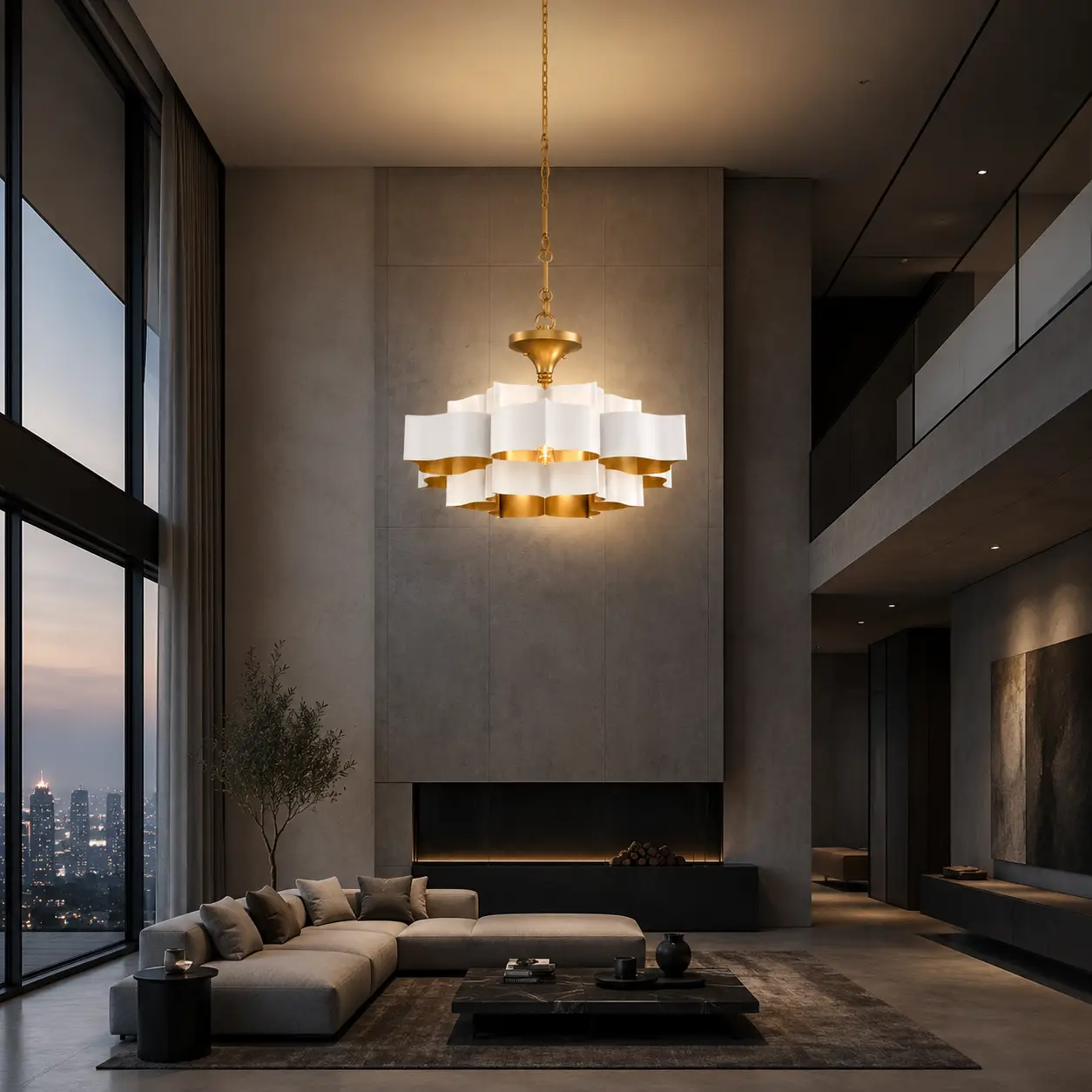 3D Space Concept showcasing the Lotus Aura 3-Tier Pendant Light in Custom Matte White and Satin Gold Brass finish suspended in a double-height Modern Luxury Living Room featuring clean minimalist micro-cement walls and floor-to-ceiling glass grids