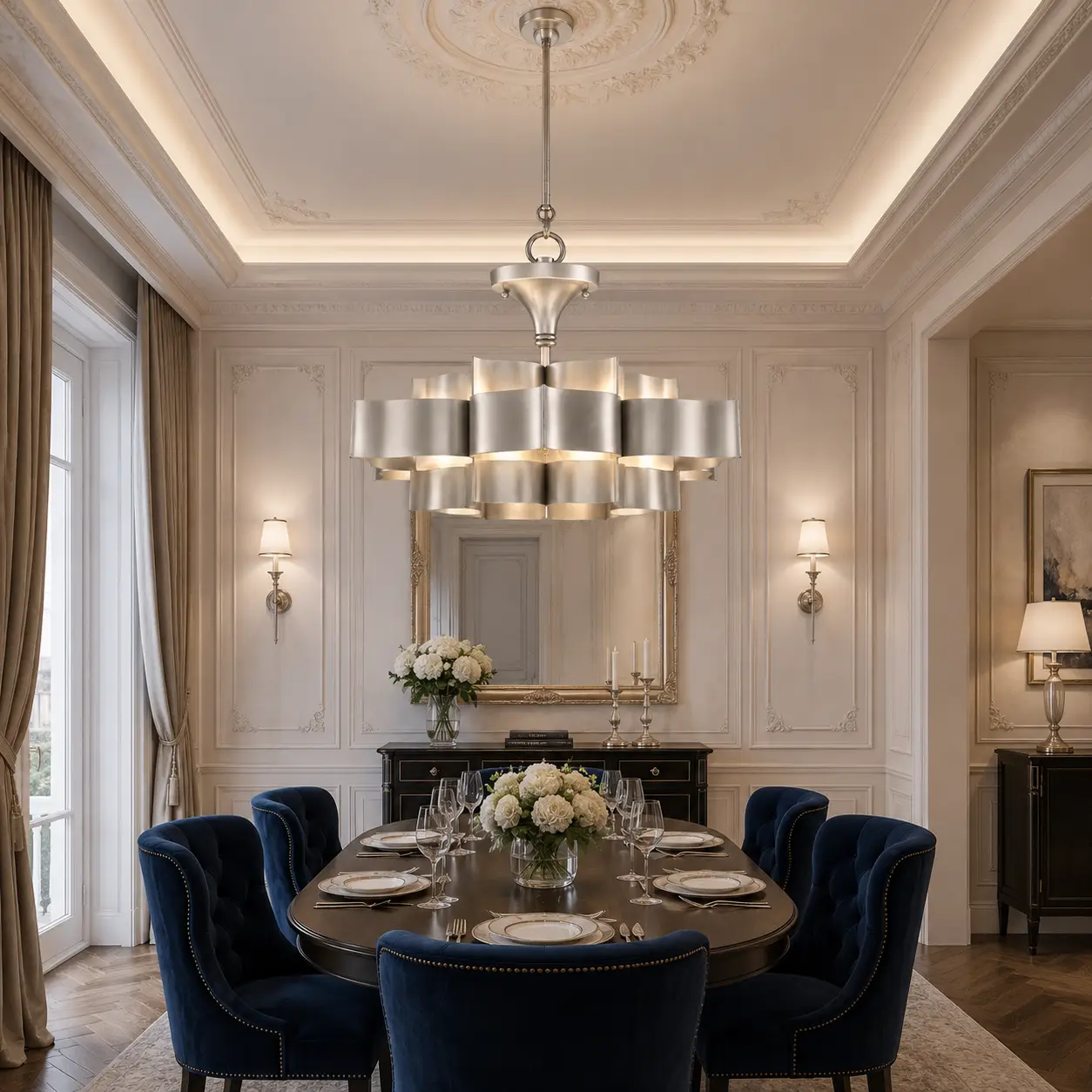 3D Architectural Render of Lotus Crest 3-Tier Satin Silver Nickel Chandelier suspended over an elegant dark wood dining table in a French Light Luxury room with detailed white wall panel moldings