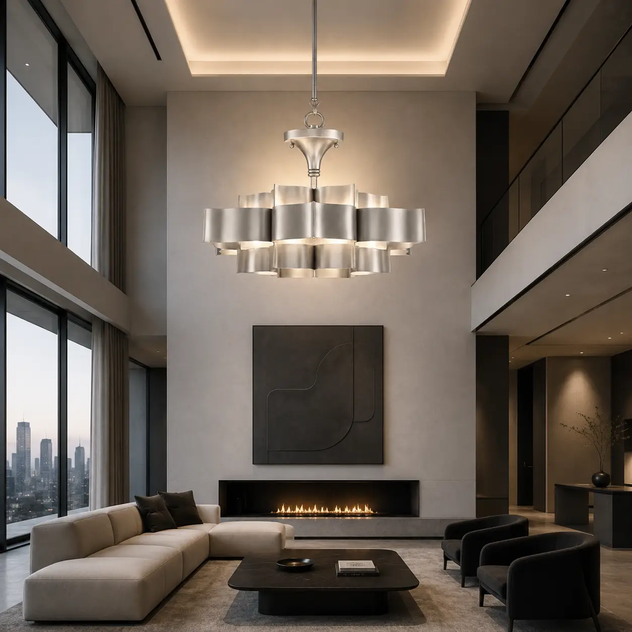3D Space Concept showcasing the Lotus Crest 3-Tier Pendant Light in Custom Satin Silver Nickel finish hanging in a high-ceiling Modern Luxury Living Room with minimalist grey micro-cement walls and cold steel framing
