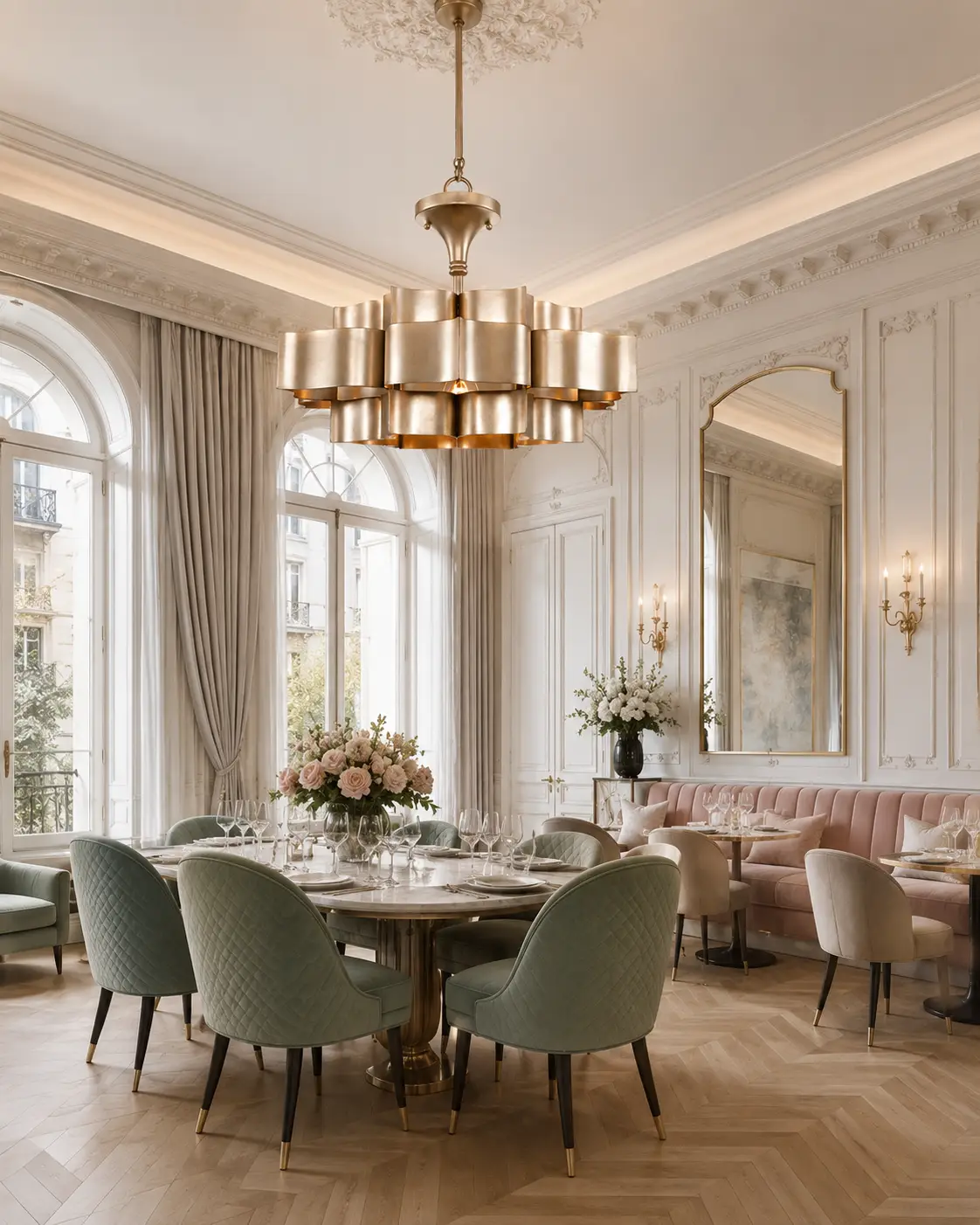 3D Architectural Render of Lotus Crown 3-Tier Champagne Gold Chandelier suspended over a long oak banquet dining table in a French Light Luxury room with white wall panel moldings