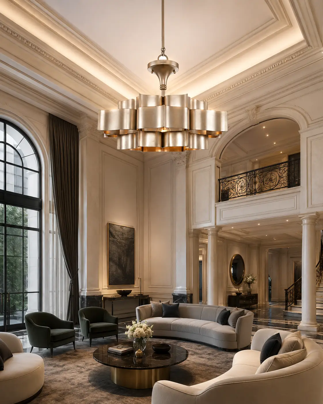3D Space Concept showcasing the Lotus Crown 3-Tier Pendant Light in Custom Champagne Gold Finish hanging in a double-height Modern Luxury Living Lounge with grey marble accents