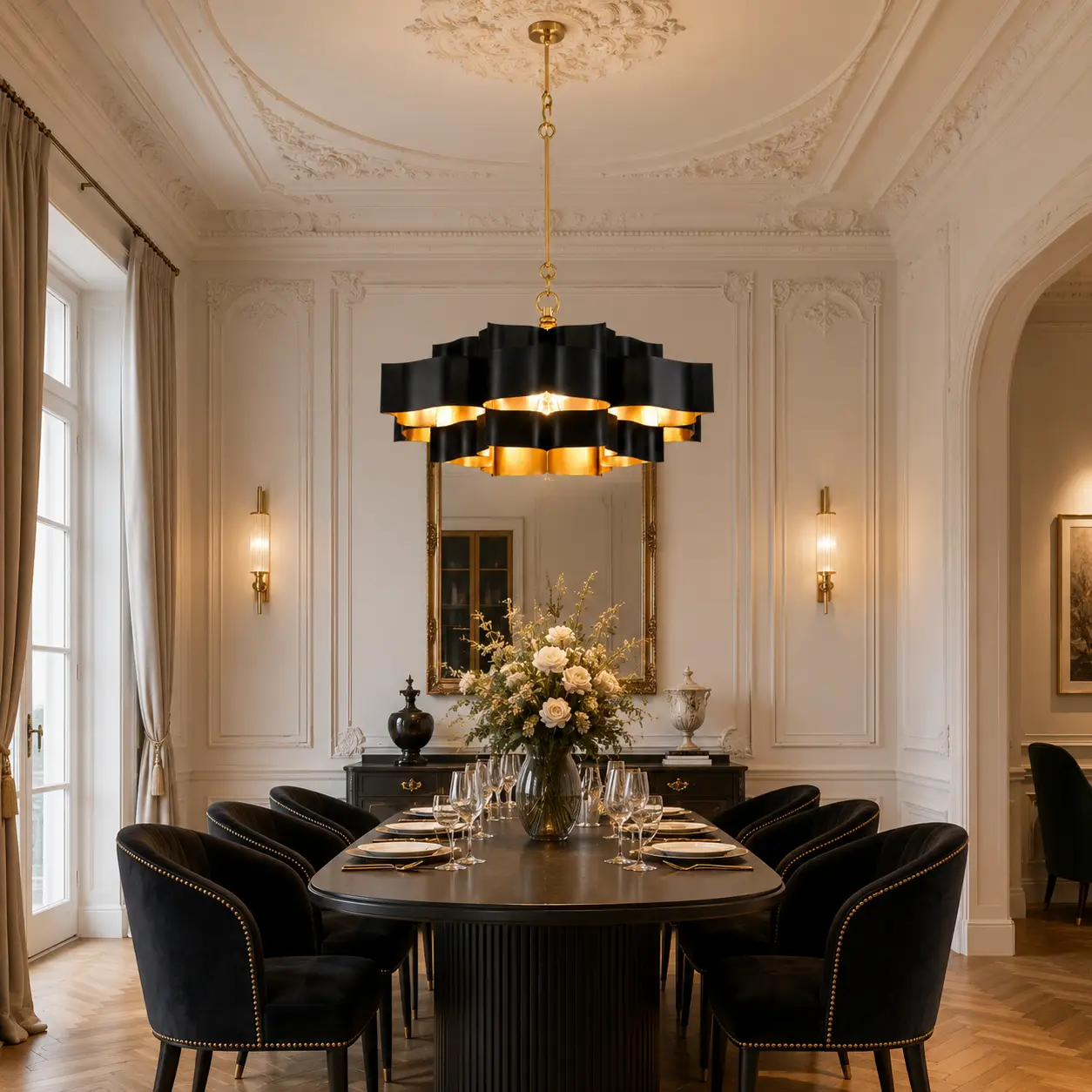 3D Architectural Render of Lotus Eclipse 3-Tier Dual-Tone Chandelier suspended over a long oak dining table inside a French Light Luxury room with detailed white wall paneling