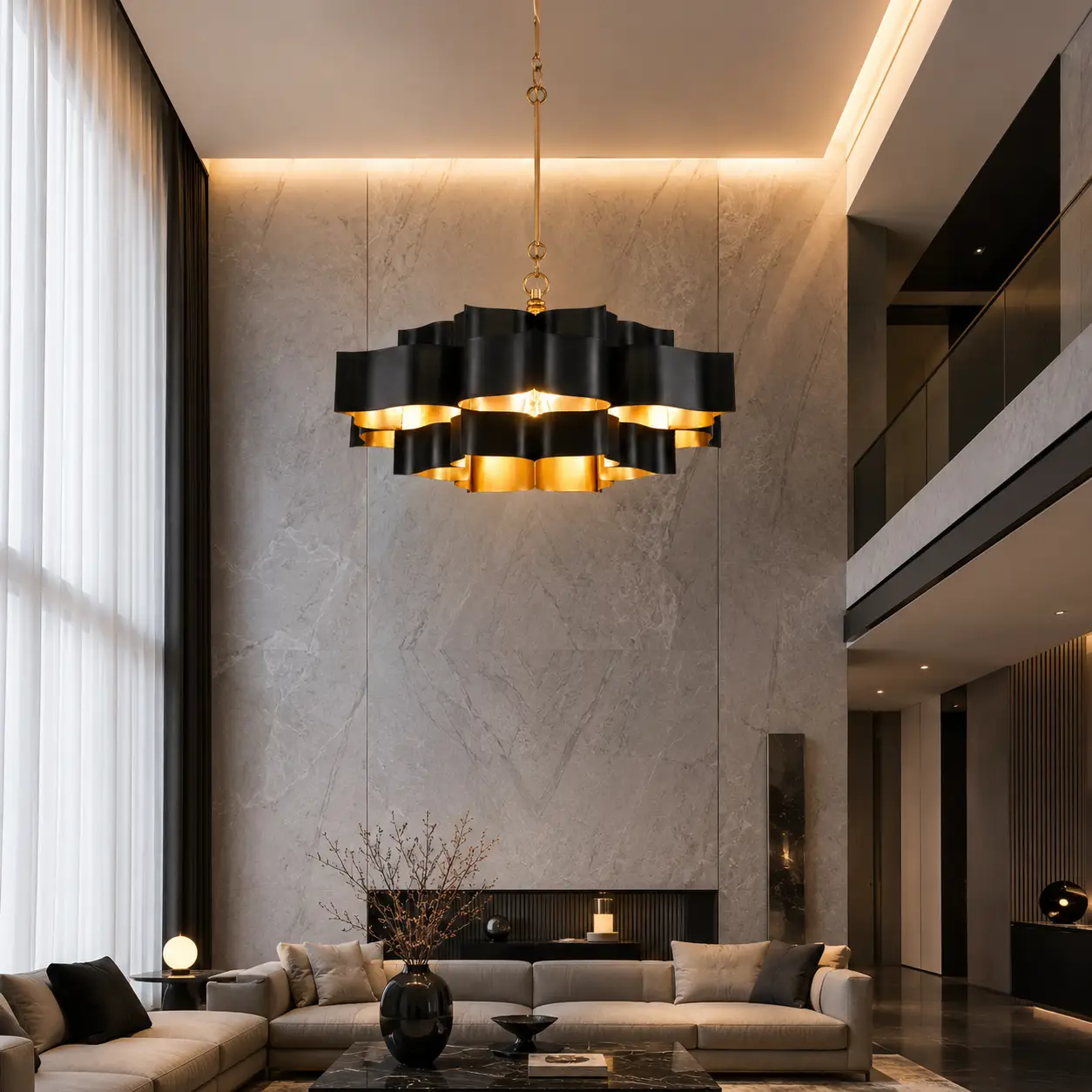 3D Space Concept showcasing the Lotus Eclipse 3-Tier Pendant Light in Custom Satin Gold and Matte Black finish hanging in a high-ceiling Modern Luxury Living Room with charcoal slate accent walls