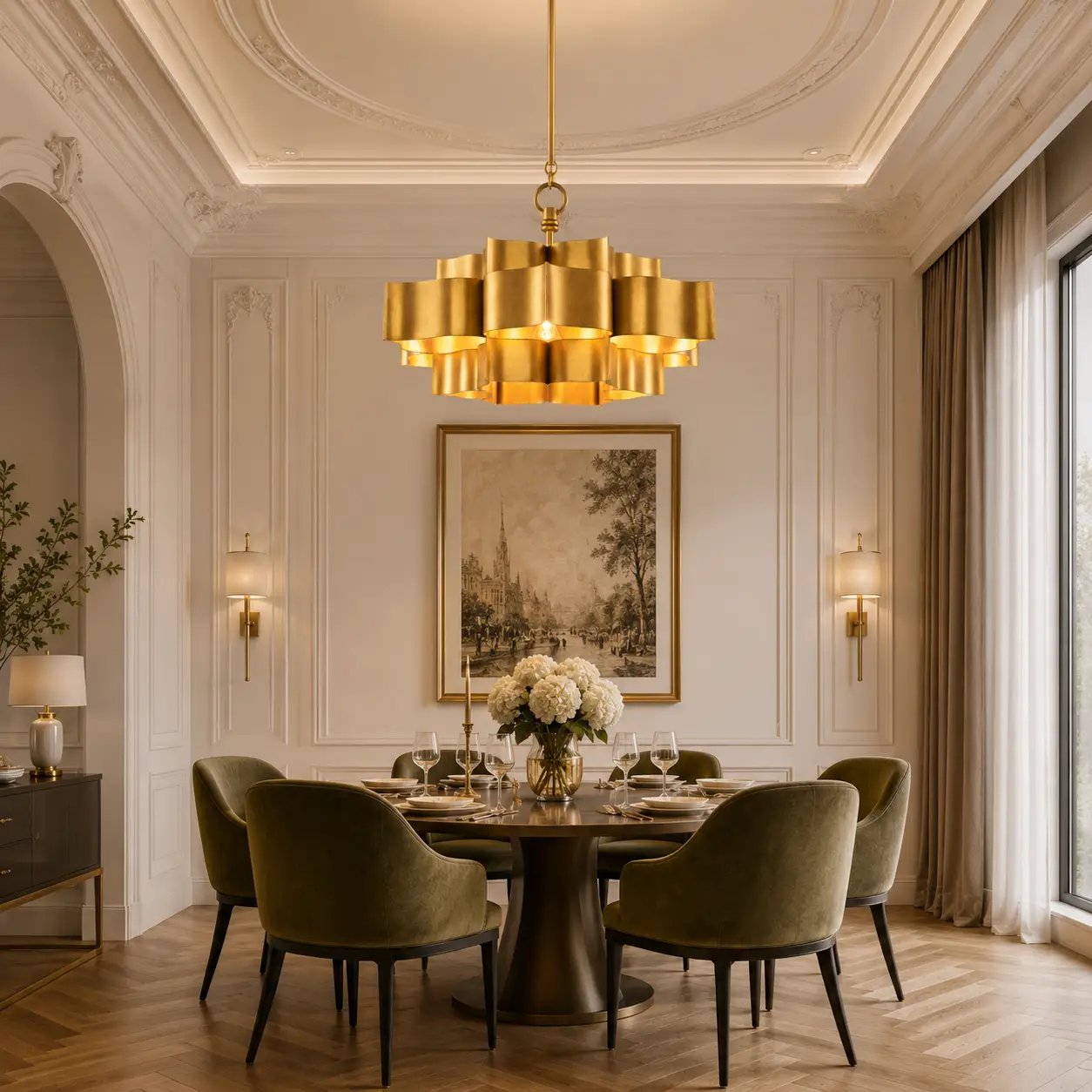 3D Architectural Render of Lotus Elan 3-Tier Satin Gold Brass Chandelier suspended above a long mahogany dining table in a French Light Luxury room with white wall moldings