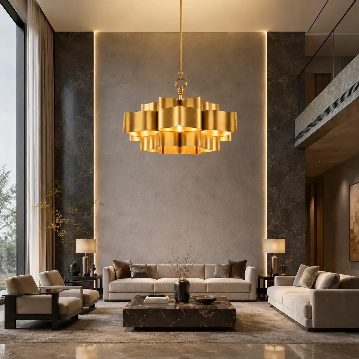 3D Space Concept showcasing the Lotus Elan 3-Tier Pendant Light in Custom Satin Gold Finish hanging in a double-height Modern Luxury lounge with minimalist slate backdrops