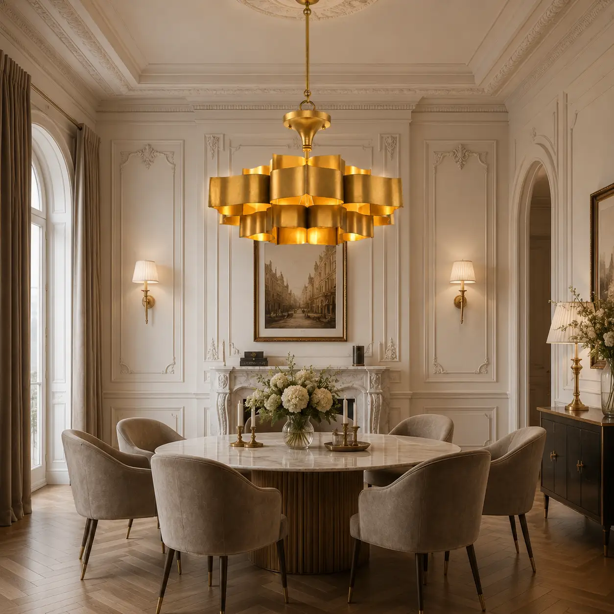 3D Architectural Render of Lotus Luxe 3-Tier Satin Gold Brass Chandelier suspended above a round oak dining table inside a French Light Luxury room with white wall trim