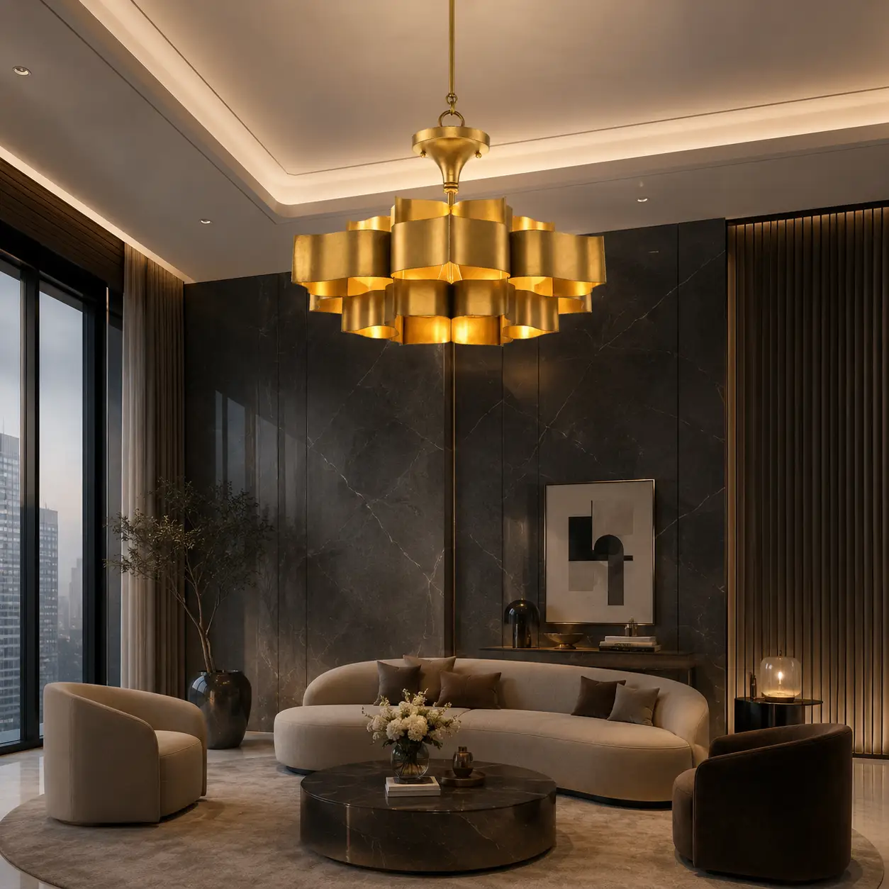 3D Space Concept showcasing the Lotus Luxe 3-Tier Pendant Light in Custom Satin Gold Finish hanging in a double-height Modern Luxury Living Room with minimalist grey marble backdrops