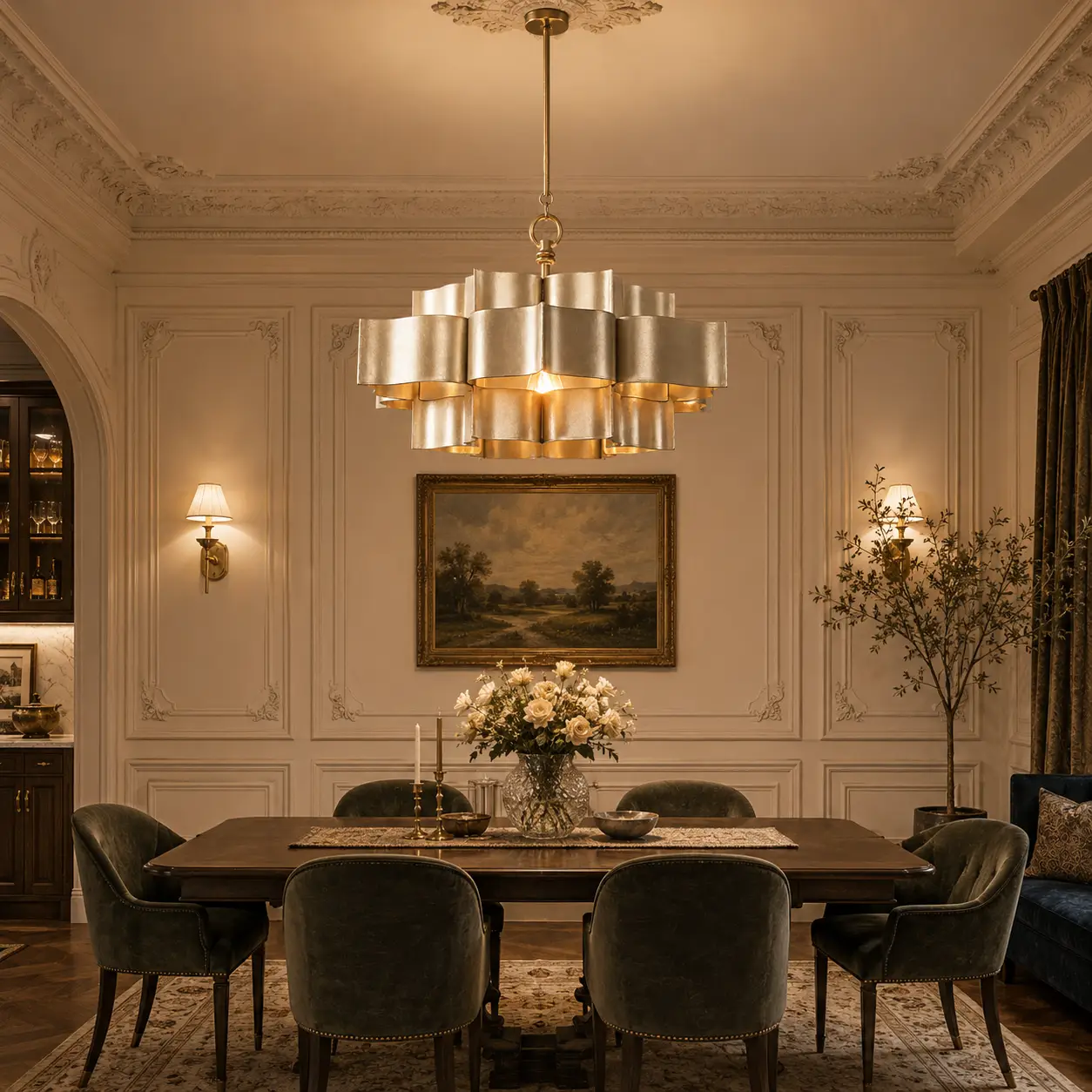 3D Architectural Visualization of Lotus Radiance 3-Tier Chandelier in Champagne Gold plating hanging over an intimate grand dining table in a classic French Light Luxury room with detailed wainscoting and crown moldings
