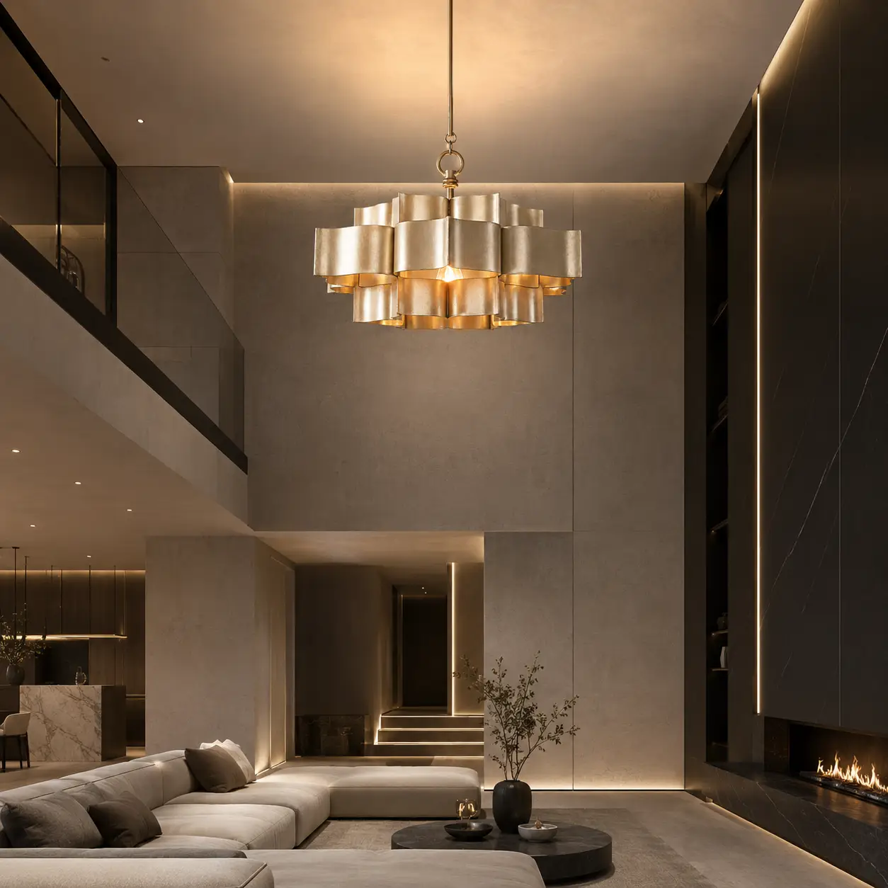 3D Space Concept showcasing the Lotus Radiance 3-Tier Pendant Light in Custom Champagne Gold Finish suspended in a double-height Modern Luxury Living Room featuring clean minimalist micro-cement walls and floor-to-ceiling glass grids