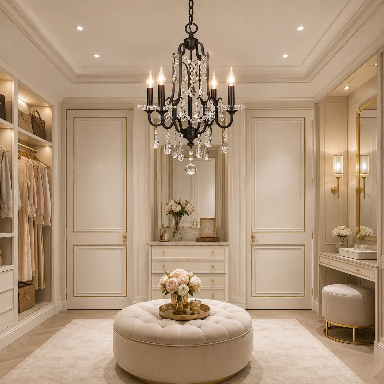 3D Render Suggestion: A bright French Modern Chic bedroom or luxury walk-in dressing closet with off-white wall panels and gold accents. The Lucente chandelier is centered over a plush ottoman seating area, showing global distributors how its light-catching acrylic bobeches and precision-cut K9 crystal strands bounce ambient light into intimate, high-end spaces.